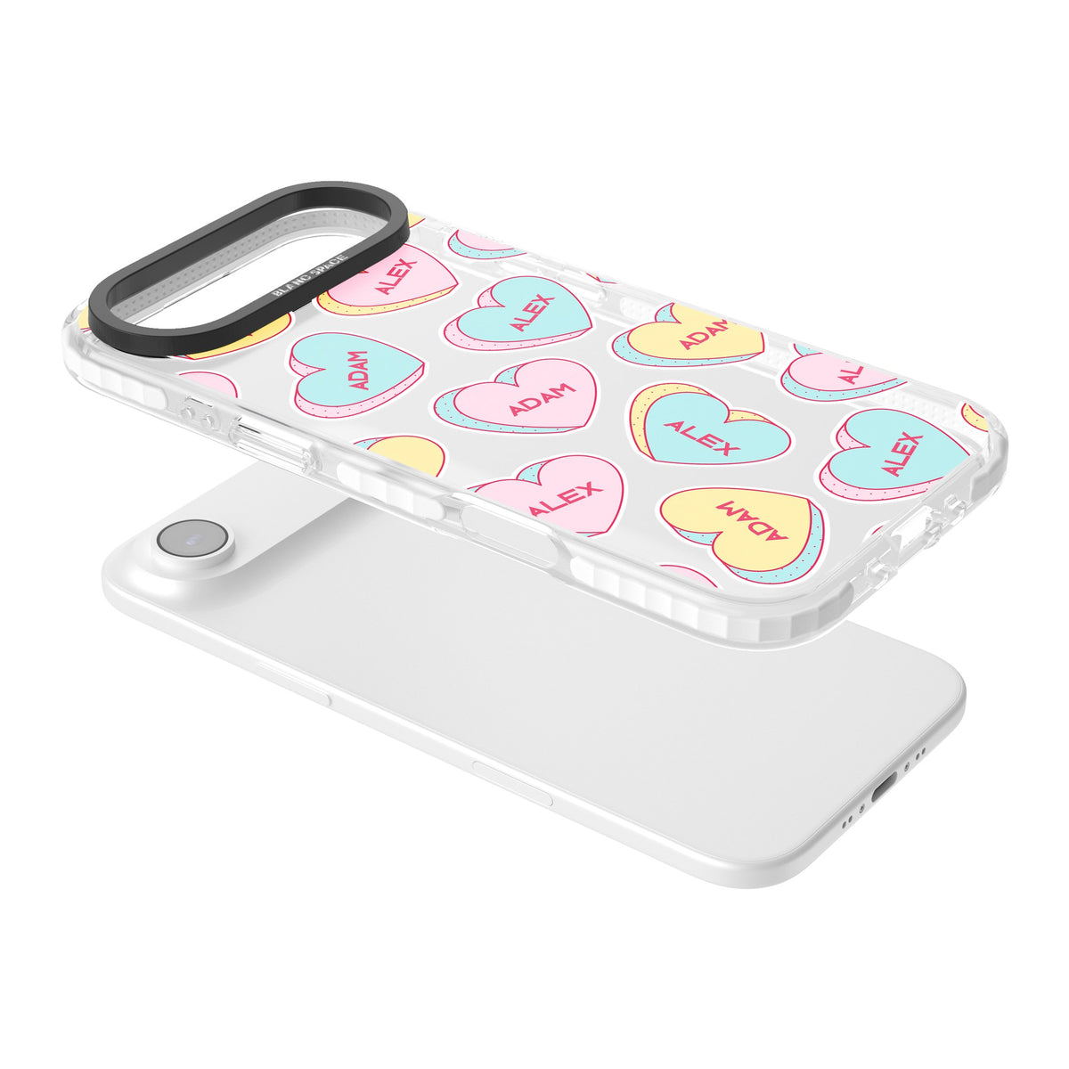 Personalised Love Heart Sweets iPhone Air Impact Clear Phone Case angled