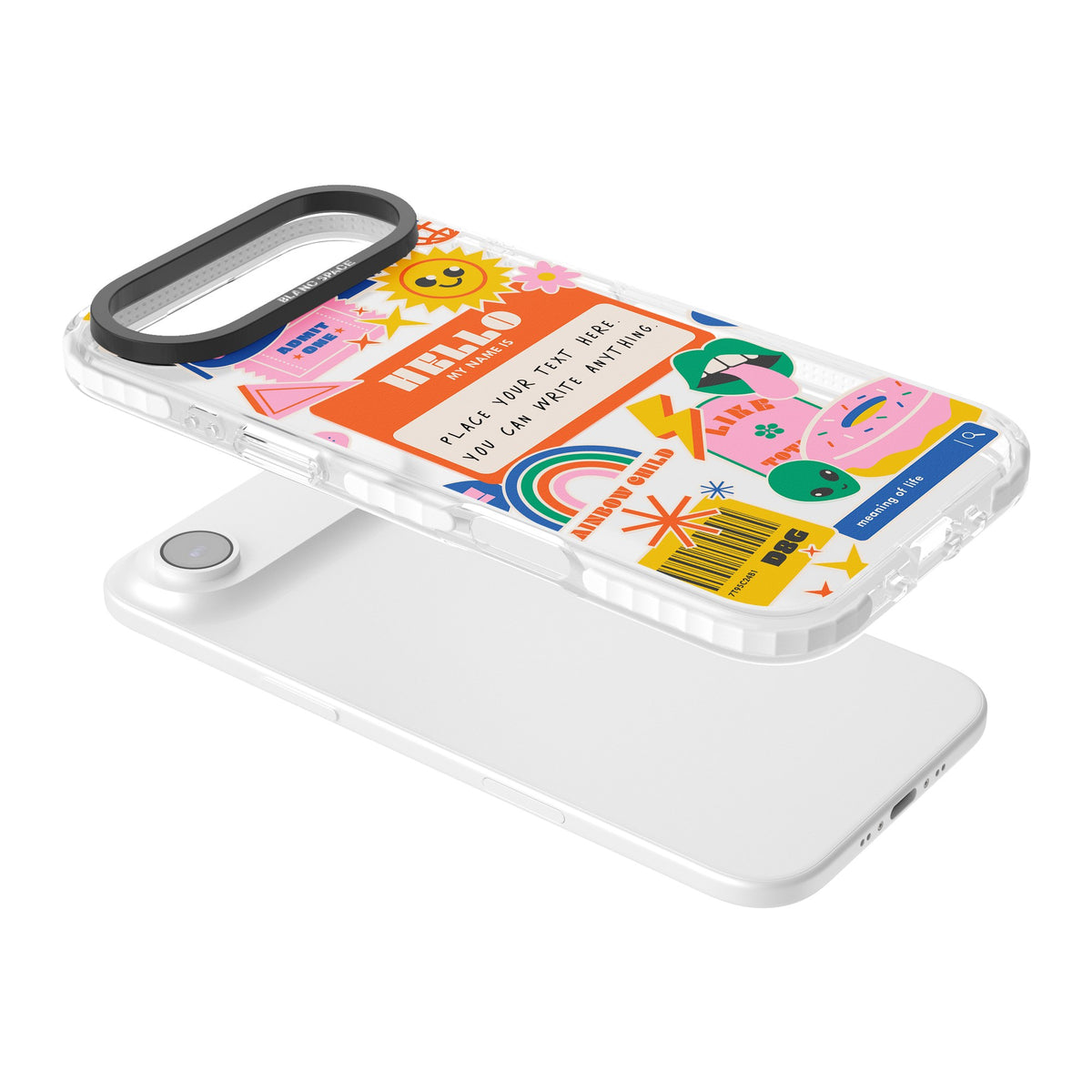 Personalised Retro Nametag Sticker iPhone Air Impact Clear Phone Case angled