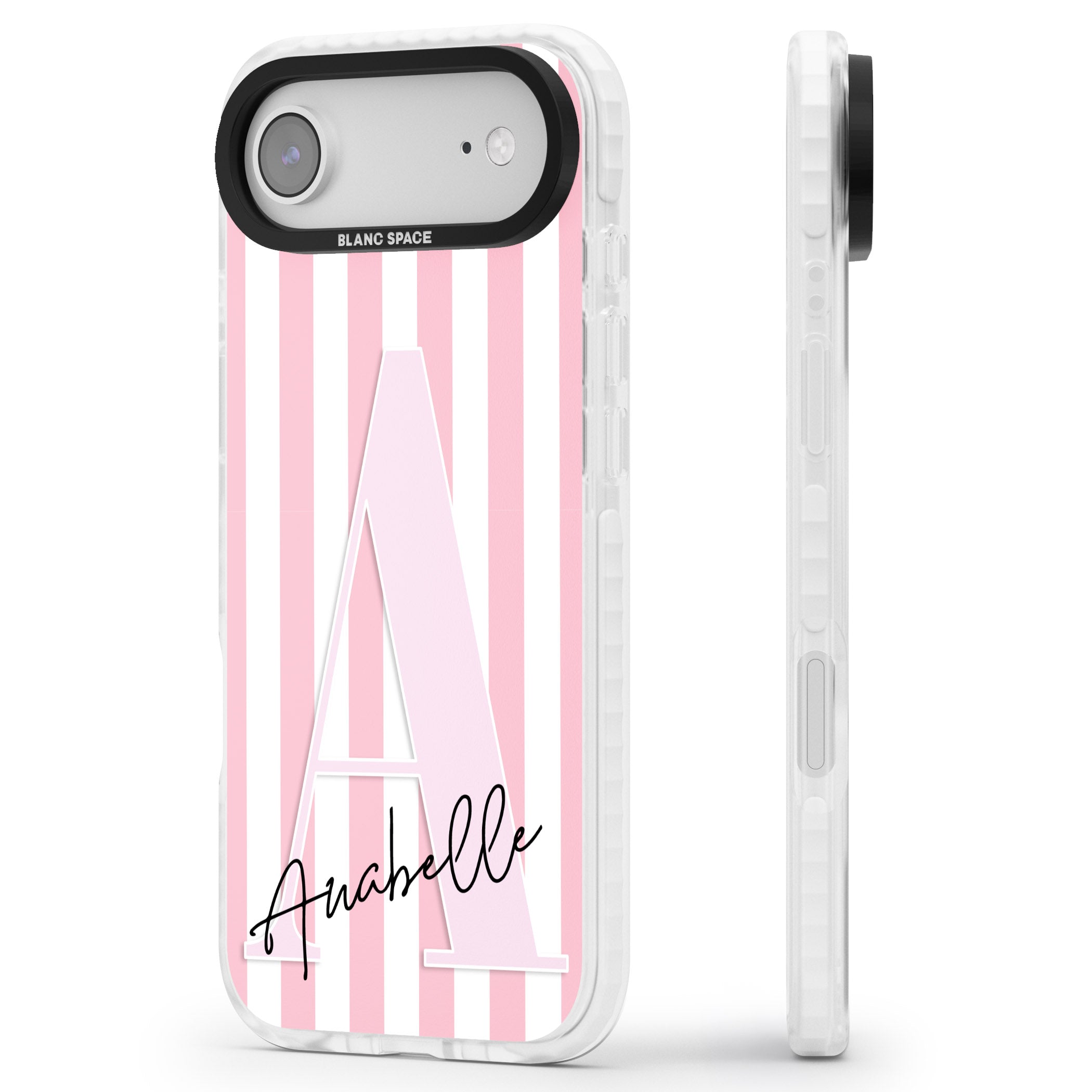 Personalised Pink Stripes & Monogram iPhone 17 Air Impact Clear Phone Case Side Profile