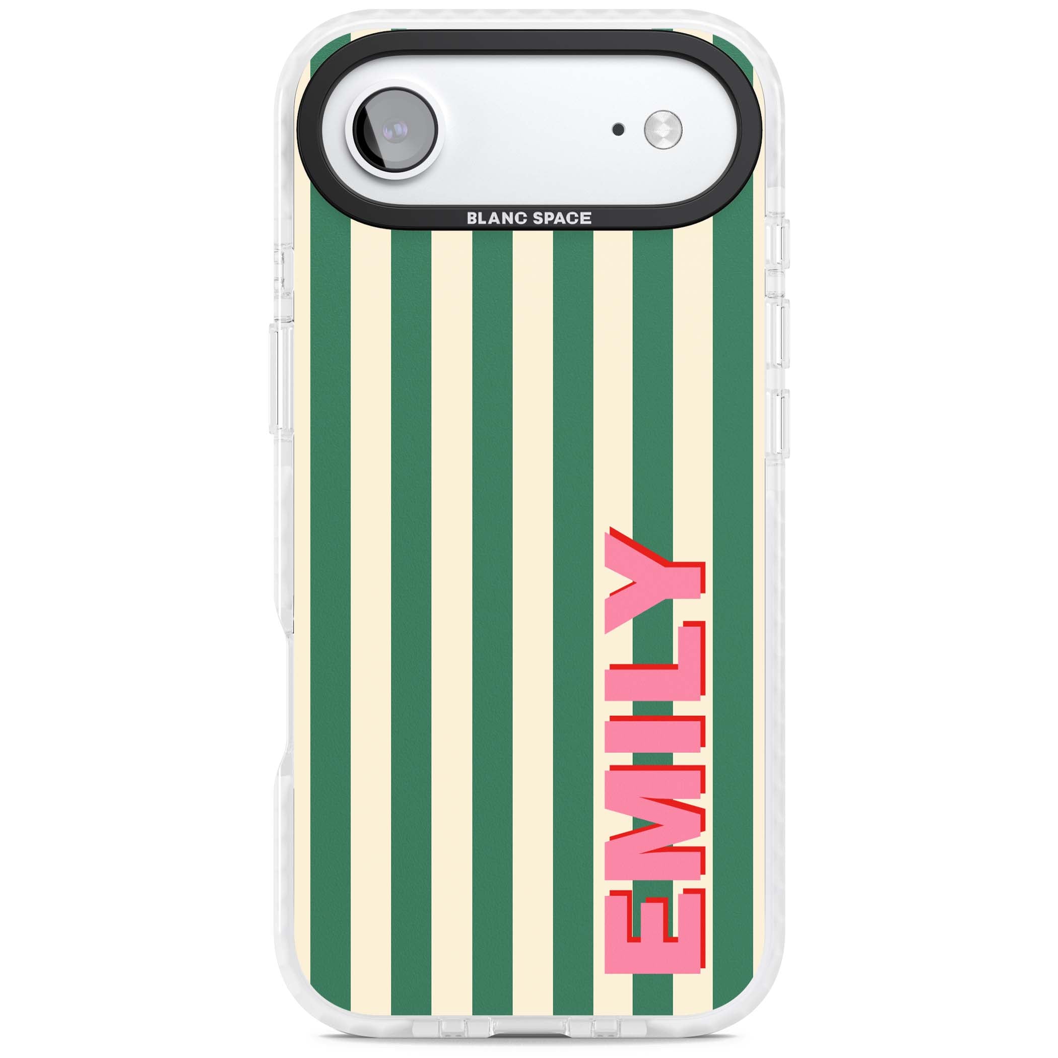 Wimbledon Stripe preppy iPhone case featuring green and cream vertical stripes with a personalised pink name | Black Impact case for iPhone Air