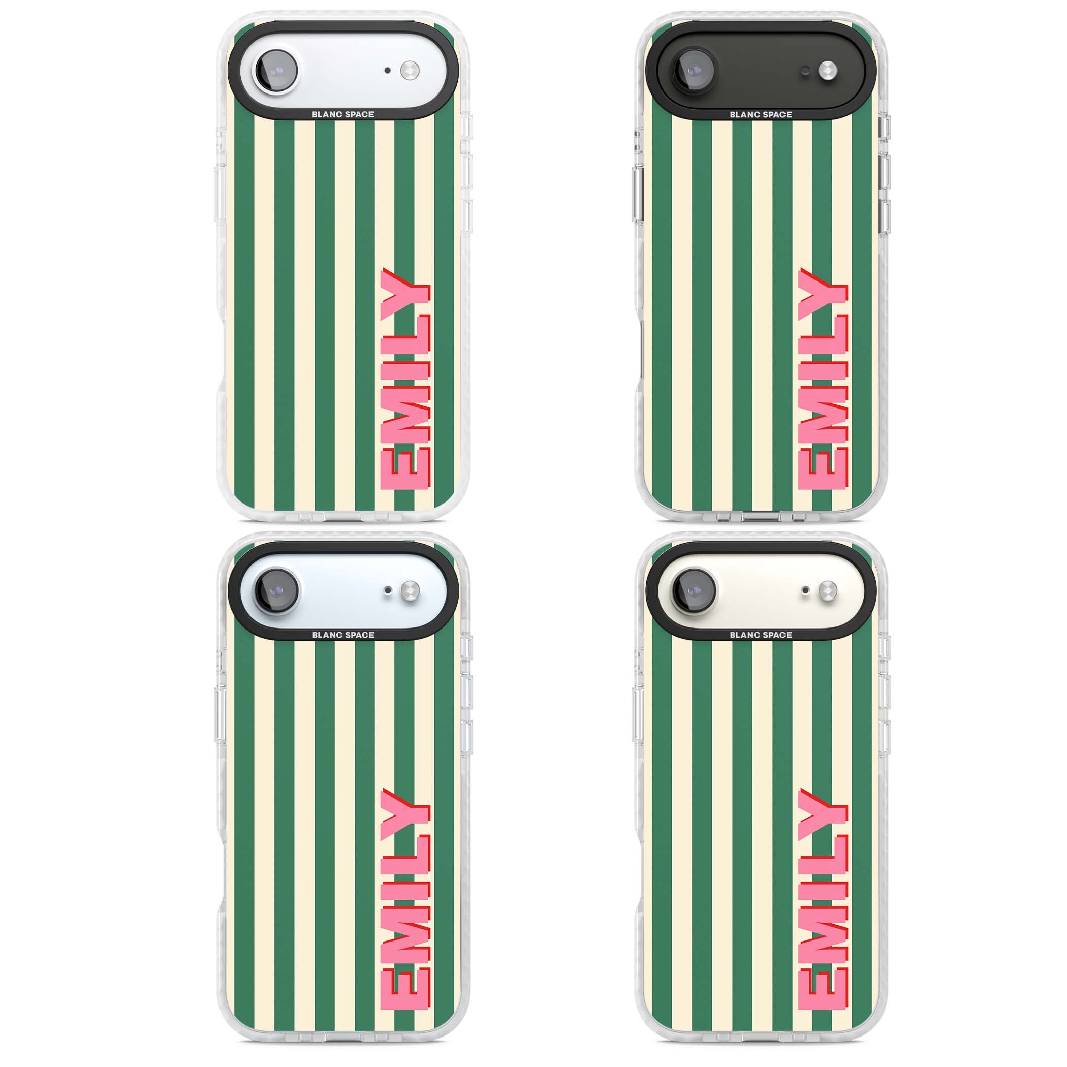 Wimbledon Stripe preppy iPhone case featuring green and cream vertical stripes with a personalised pink name | Black Impact case for iPhone Air