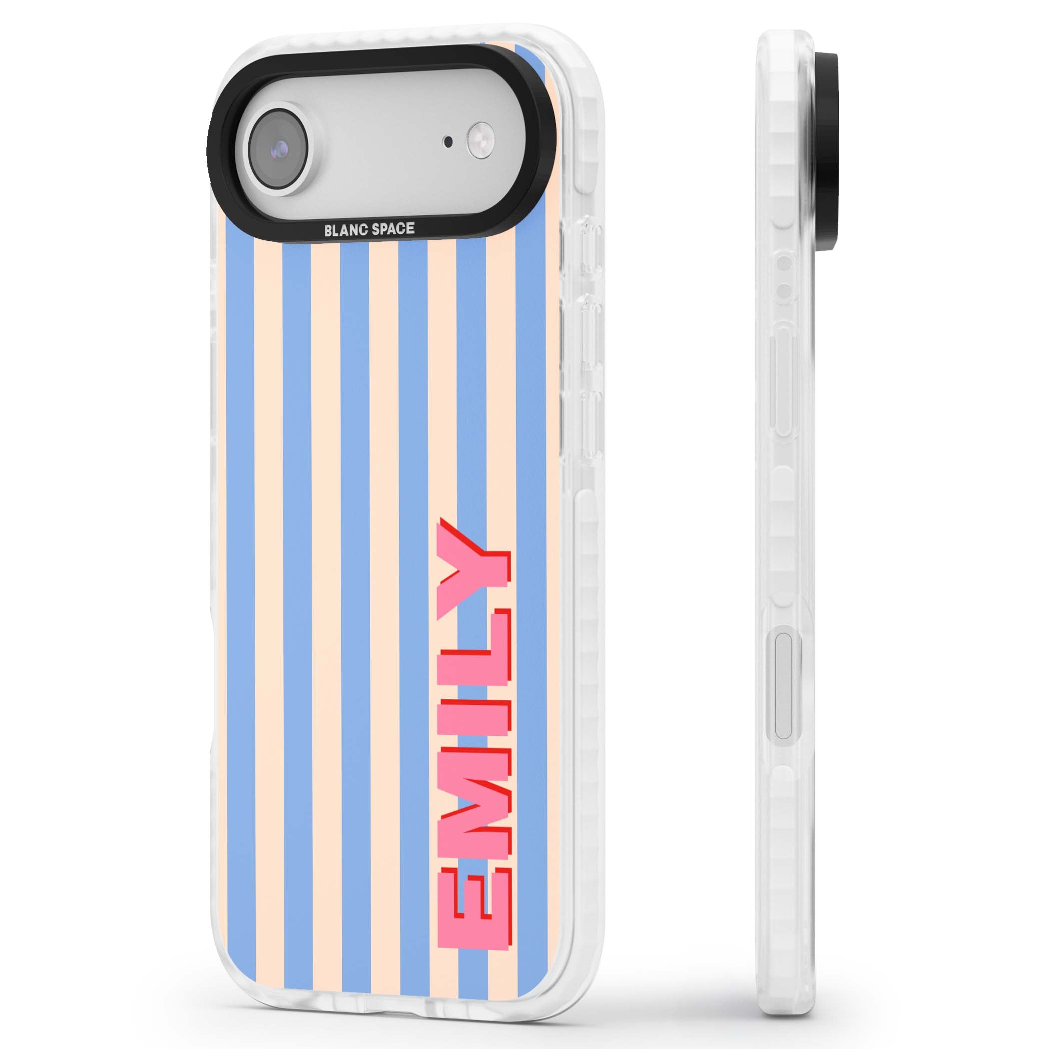 Coastal Stripe personalised coastal iPhone case with blue and peach vertical stripes and custom pink name | Black Impact case for iPhone Air