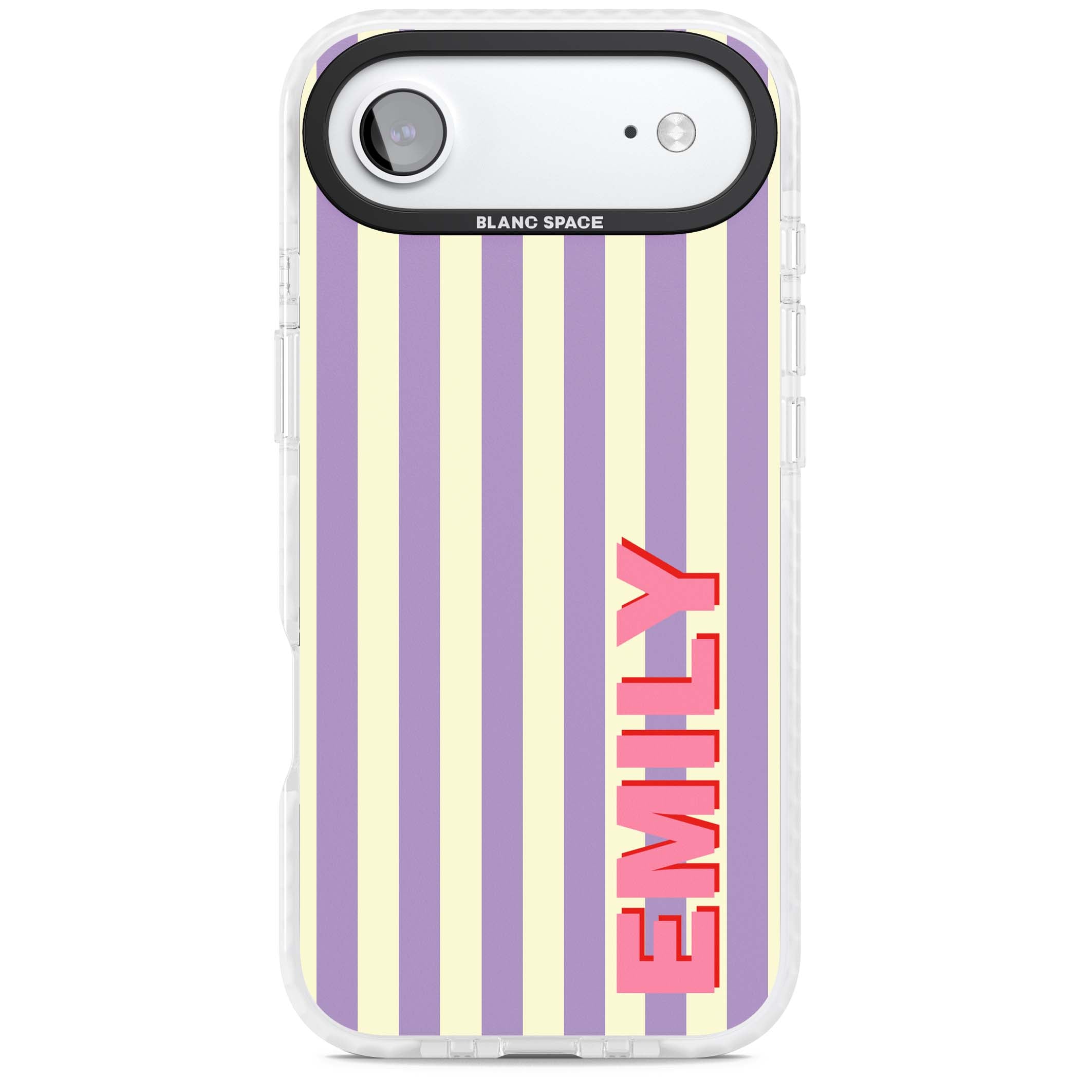 Valensole Stripe personalised iPhone case with purple and cream vertical stripes and pink custom name | Black Impact case for iPhone Air