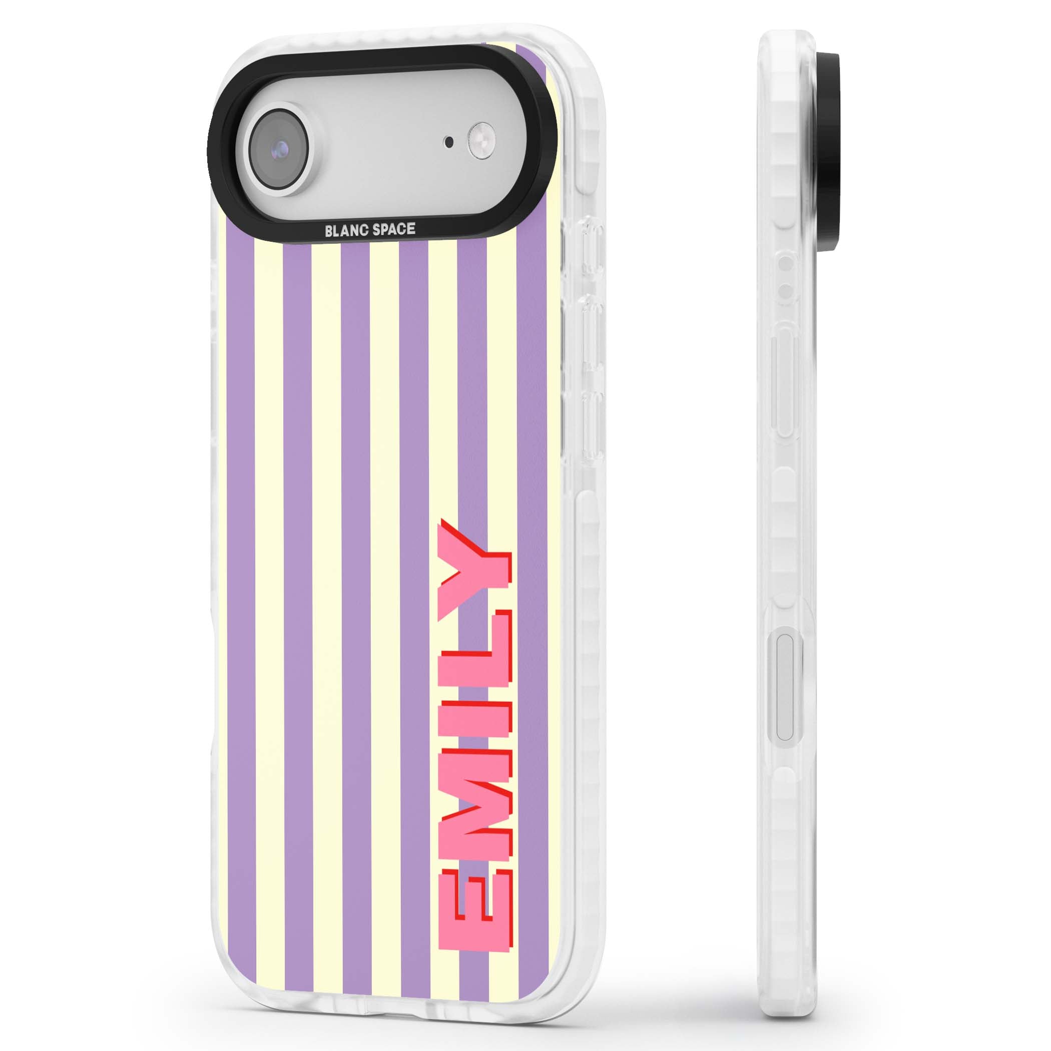 Valensole Stripe personalised iPhone case with purple and cream vertical stripes and pink custom name | Black Impact case for iPhone Air