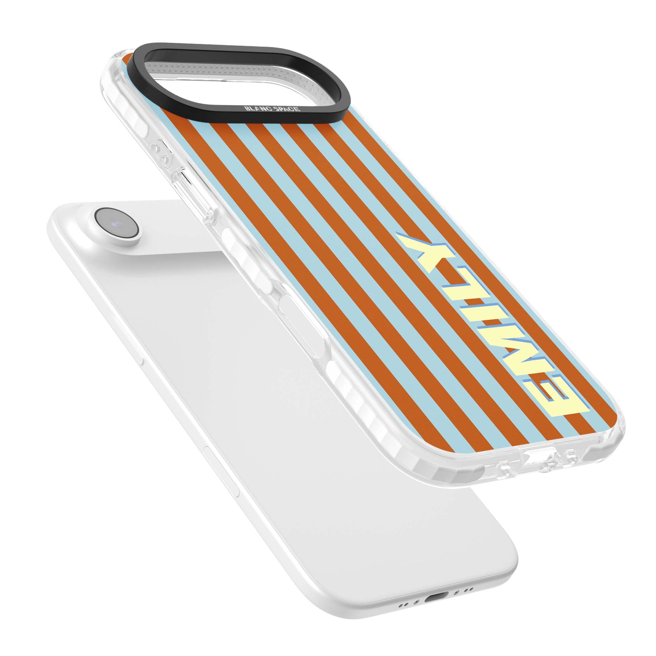 Cappadocia Stripe personalised coastal iPhone case featuring blue and orange vertical stripes with custom cream name | Black Impact case for iPhone Air
