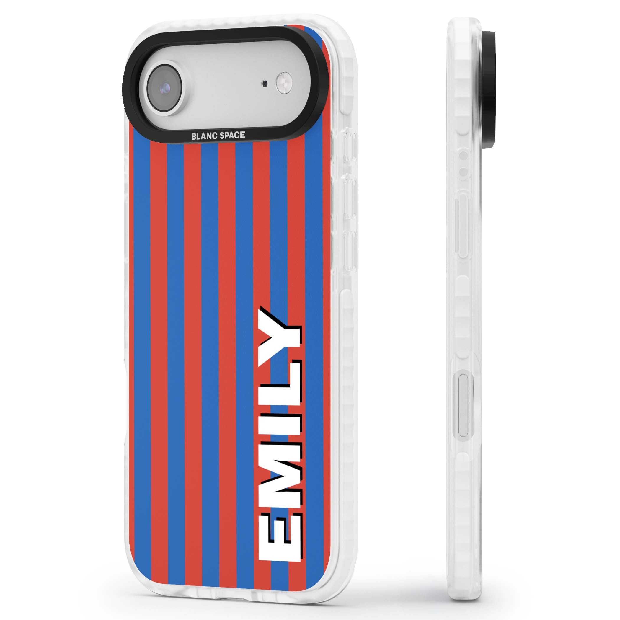 Cuban Stripe personalised iPhone case featuring red and blue vertical stripes with custom name in bold white letters | Black Impact case for iPhone Air