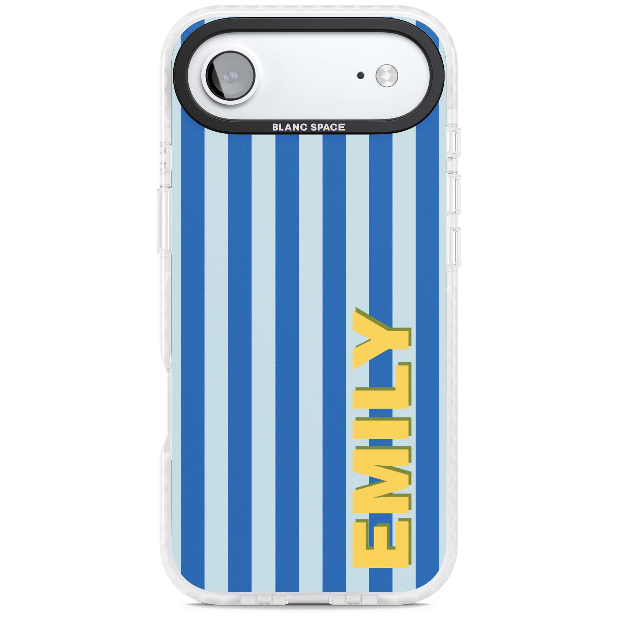 Athenian Stripe personalised preppy iPhone case featuring blue vertical stripes and a custom yellow name | Black Impact case for iPhone Air