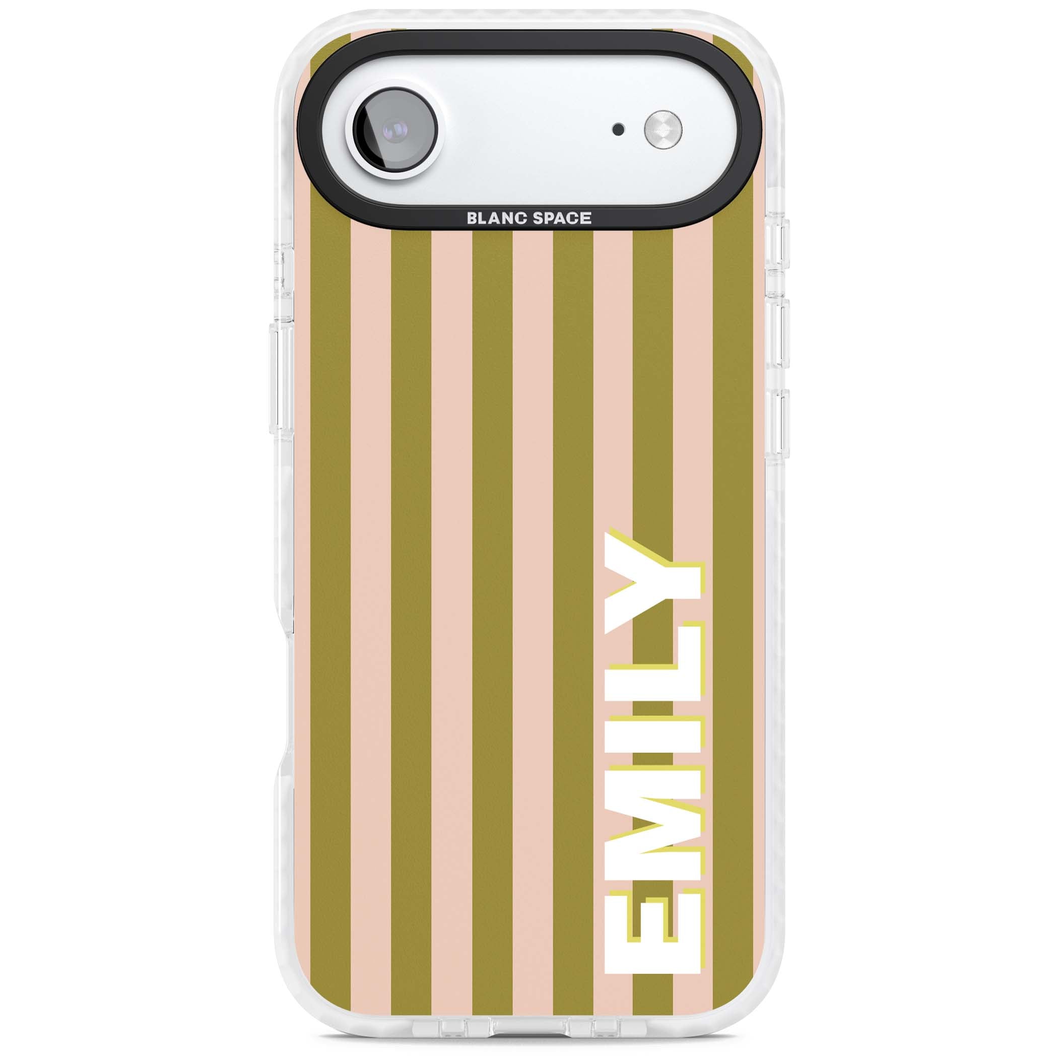 Indian Stripe personalised iPhone case featuring olive green and blush pink vertical stripes with custom name in whit | Black Impact case for iPhone Air