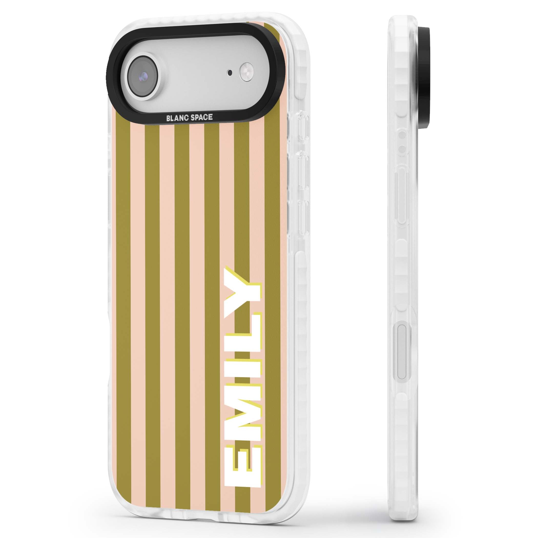 Indian Stripe personalised iPhone case featuring olive green and blush pink vertical stripes with custom name in whit | Black Impact case for iPhone Air