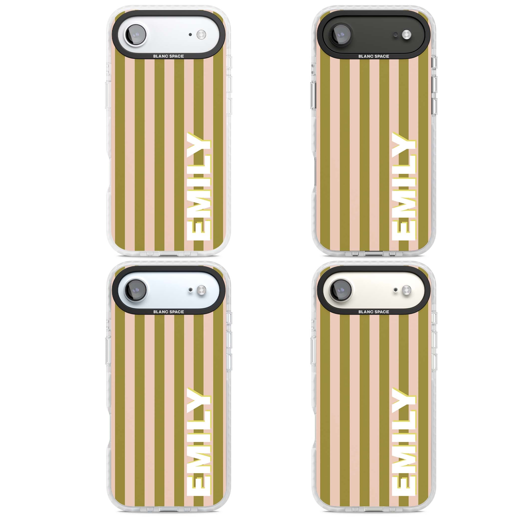Indian Stripe personalised iPhone case featuring olive green and blush pink vertical stripes with custom name in whit | Black Impact case for iPhone Air