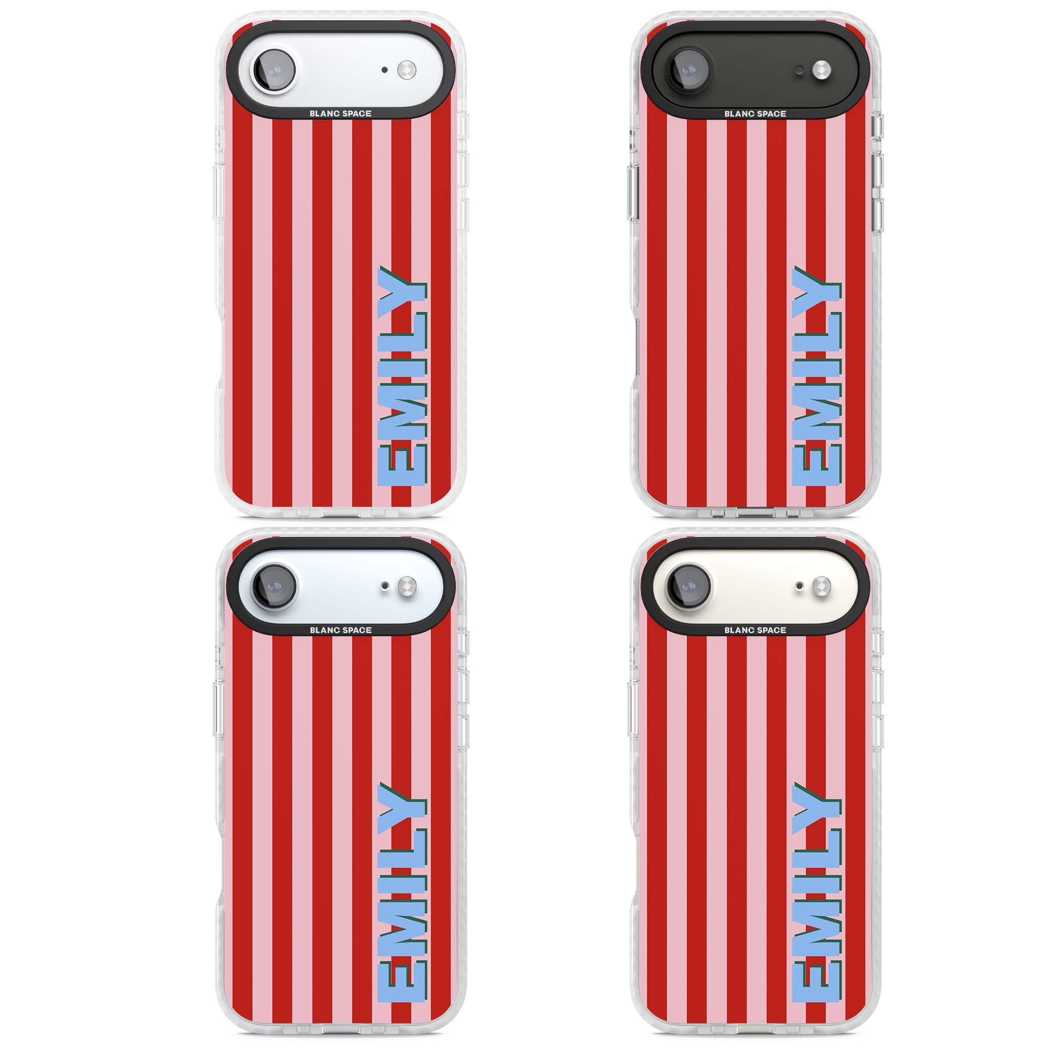 Market Stripe personalised iPhone case with red and pink vertical stripes and custom blue name | Black Impact case for iPhone Air