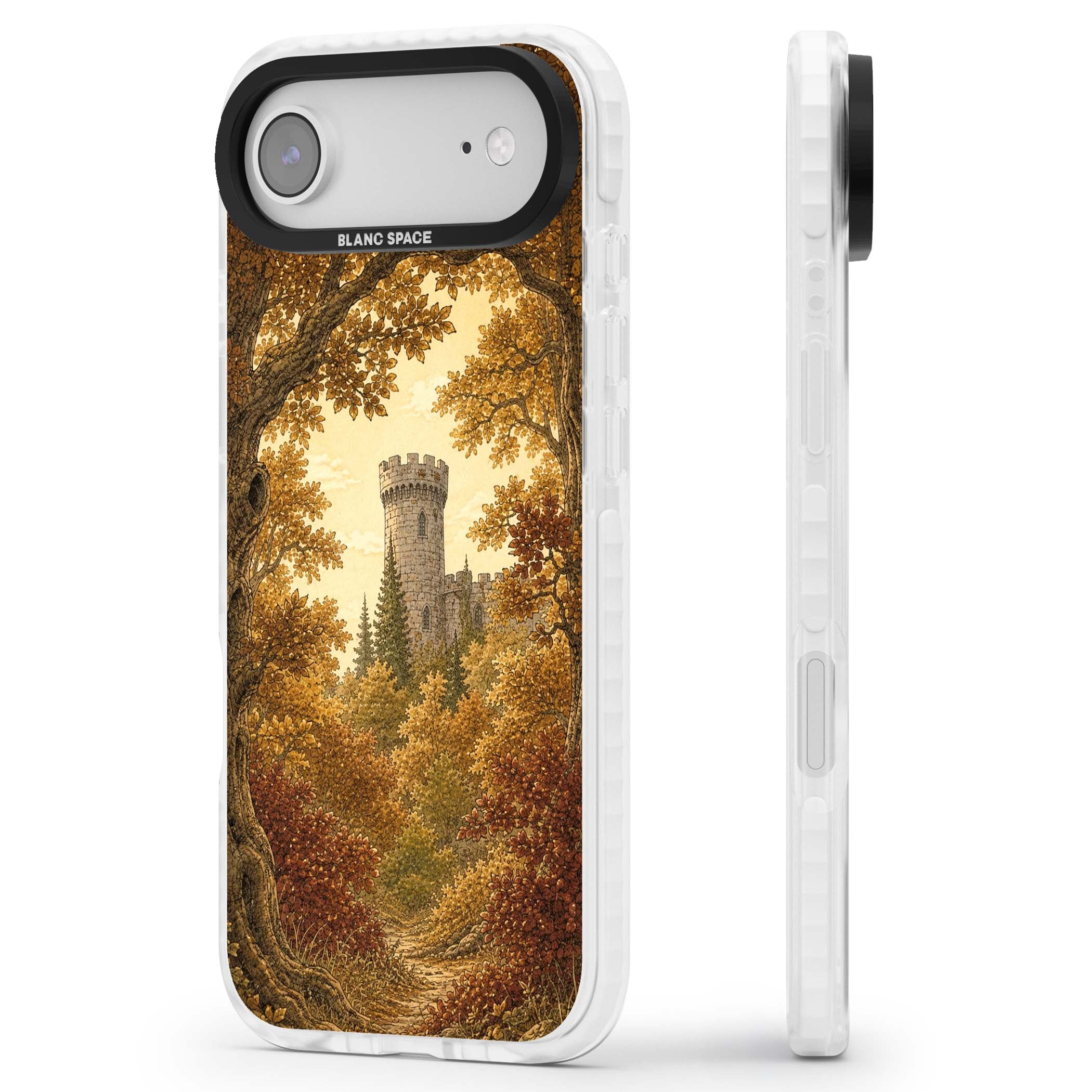 Autumn Keep cottagecore iPhone case featuring a medieval castle tower framed by golden autumn trees and woodland foliage | Black Impact case for iPhone Air