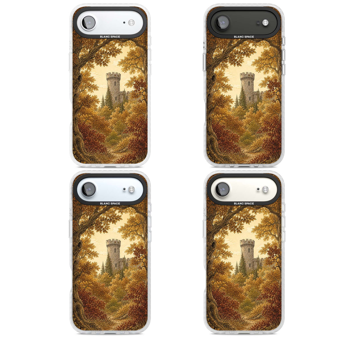 Autumn Keep cottagecore iPhone case featuring a medieval castle tower framed by golden autumn trees and woodland foliage | Black Impact case for iPhone Air