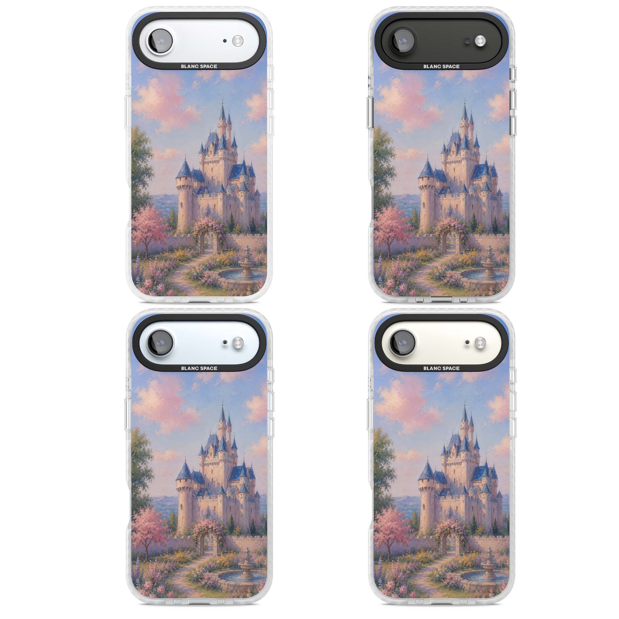 Enchanted Kingdom fairytale iPhone case featuring a romantic castle painting with cherry blossoms and pastel pink sky | Black Impact case for iPhone Air