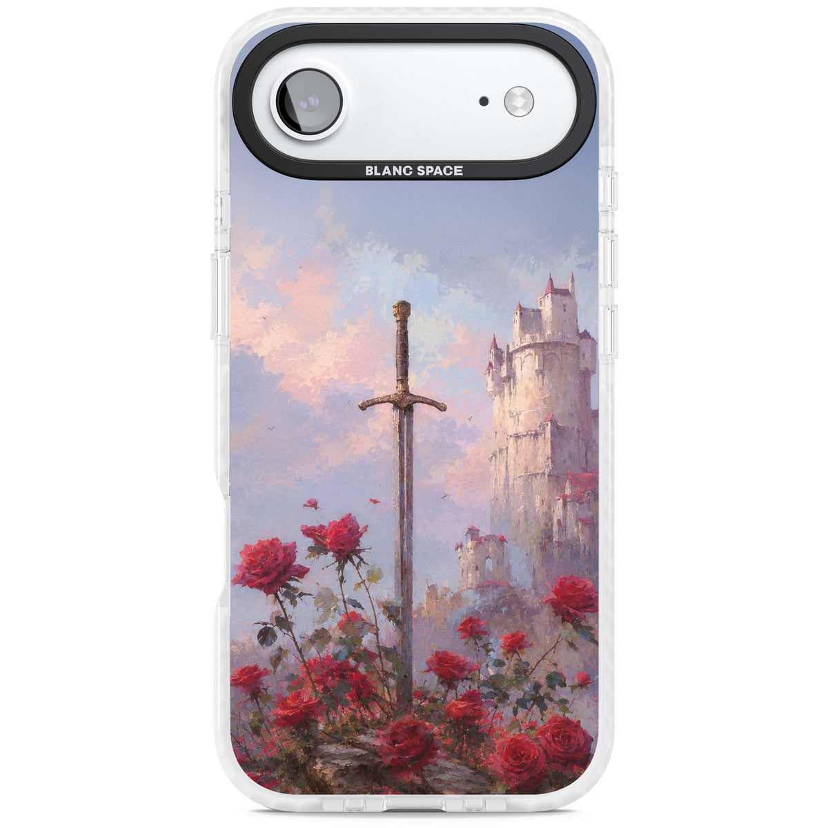Sword in Roses medieval art iPhone case featuring a sword, red roses, and a misty fairytale castle at sunset | Black Impact case for iPhone Air