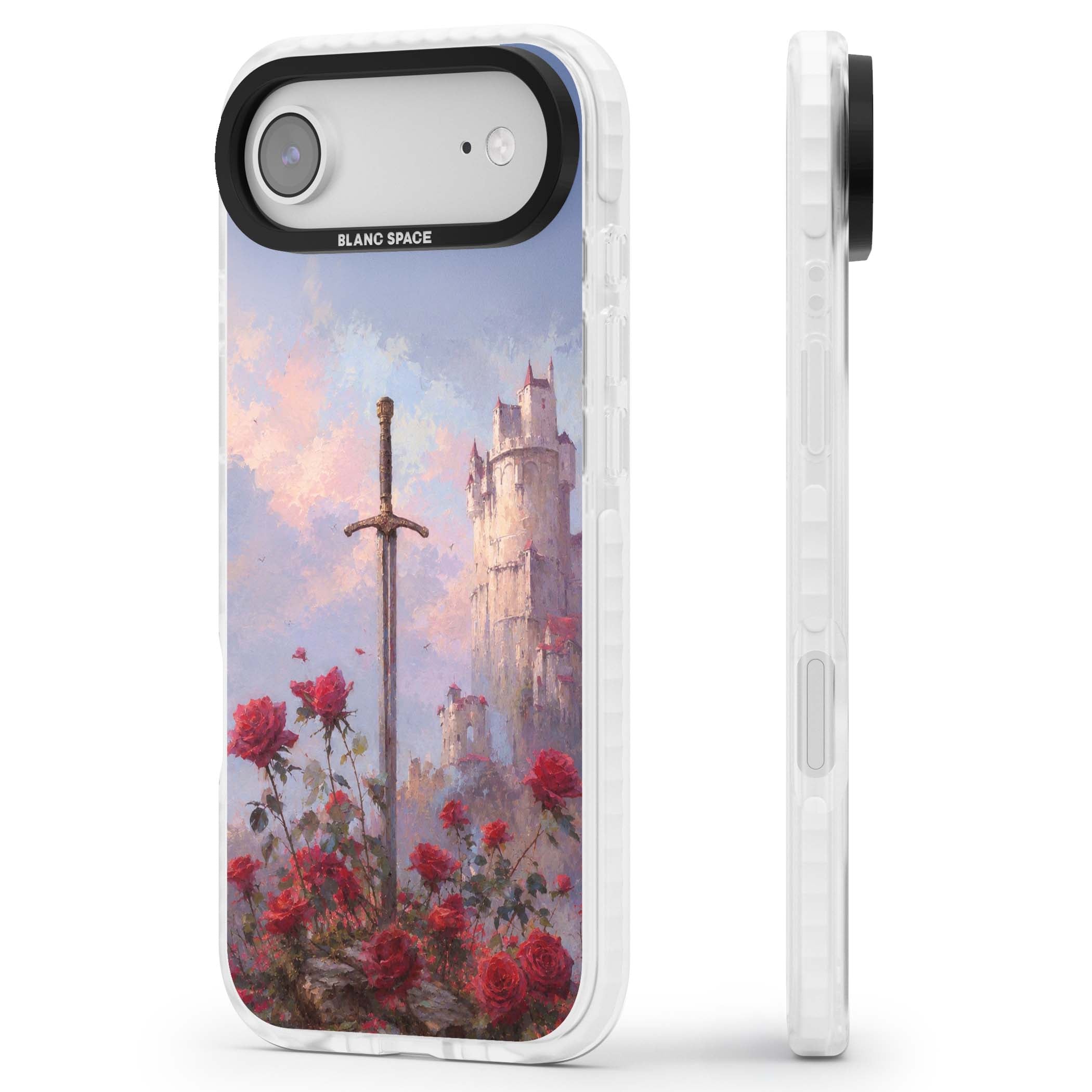 Sword in Roses medieval art iPhone case featuring a sword, red roses, and a misty fairytale castle at sunset | Black Impact case for iPhone Air