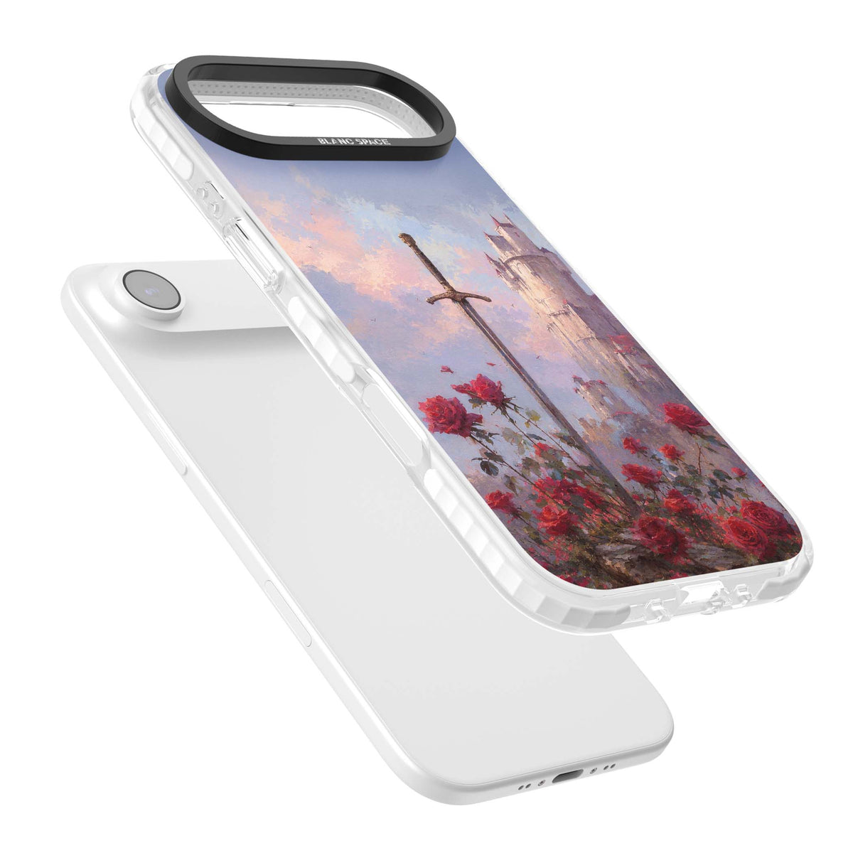 Sword in Roses medieval art iPhone case featuring a sword, red roses, and a misty fairytale castle at sunset | Black Impact case for iPhone Air