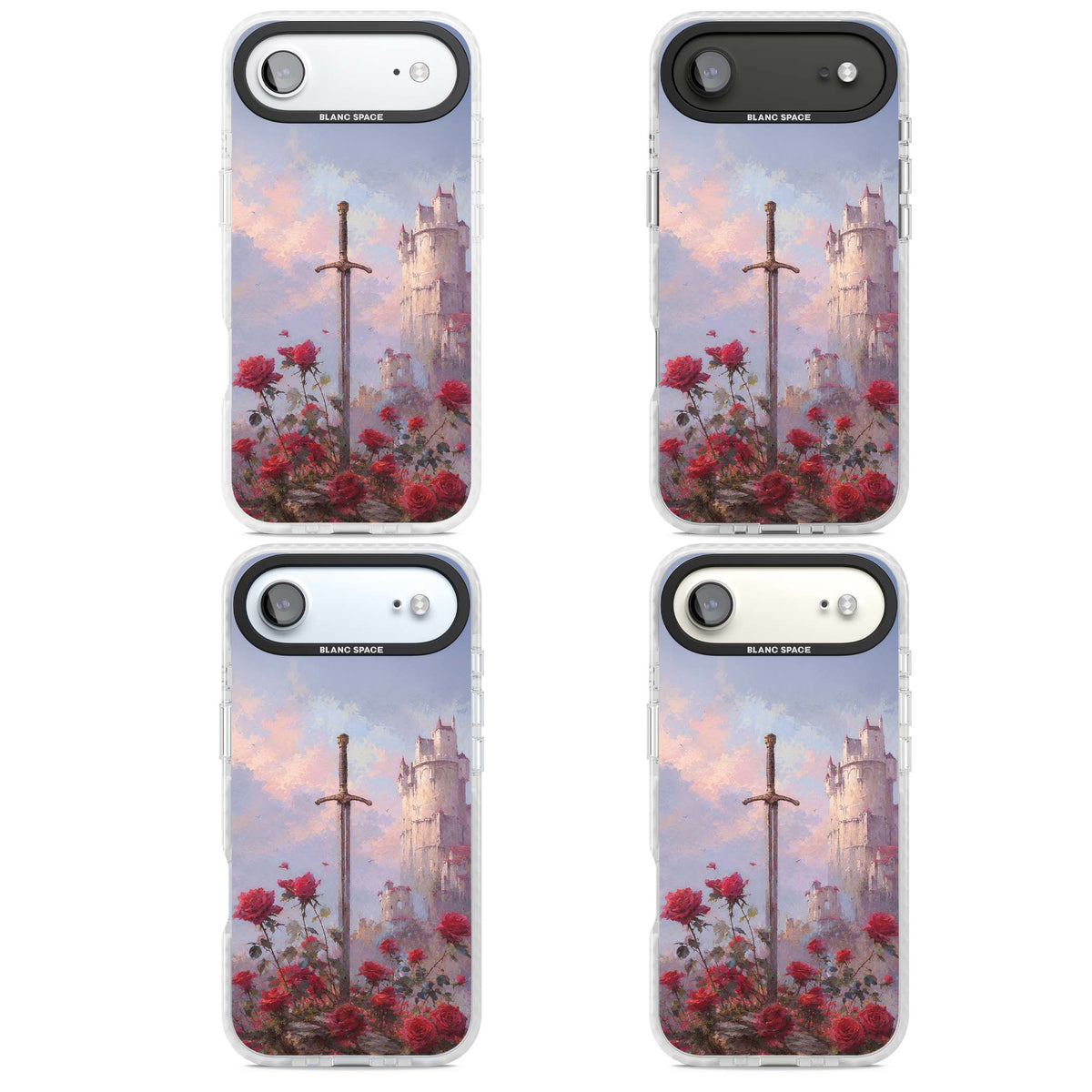 Sword in Roses medieval art iPhone case featuring a sword, red roses, and a misty fairytale castle at sunset | Black Impact case for iPhone Air