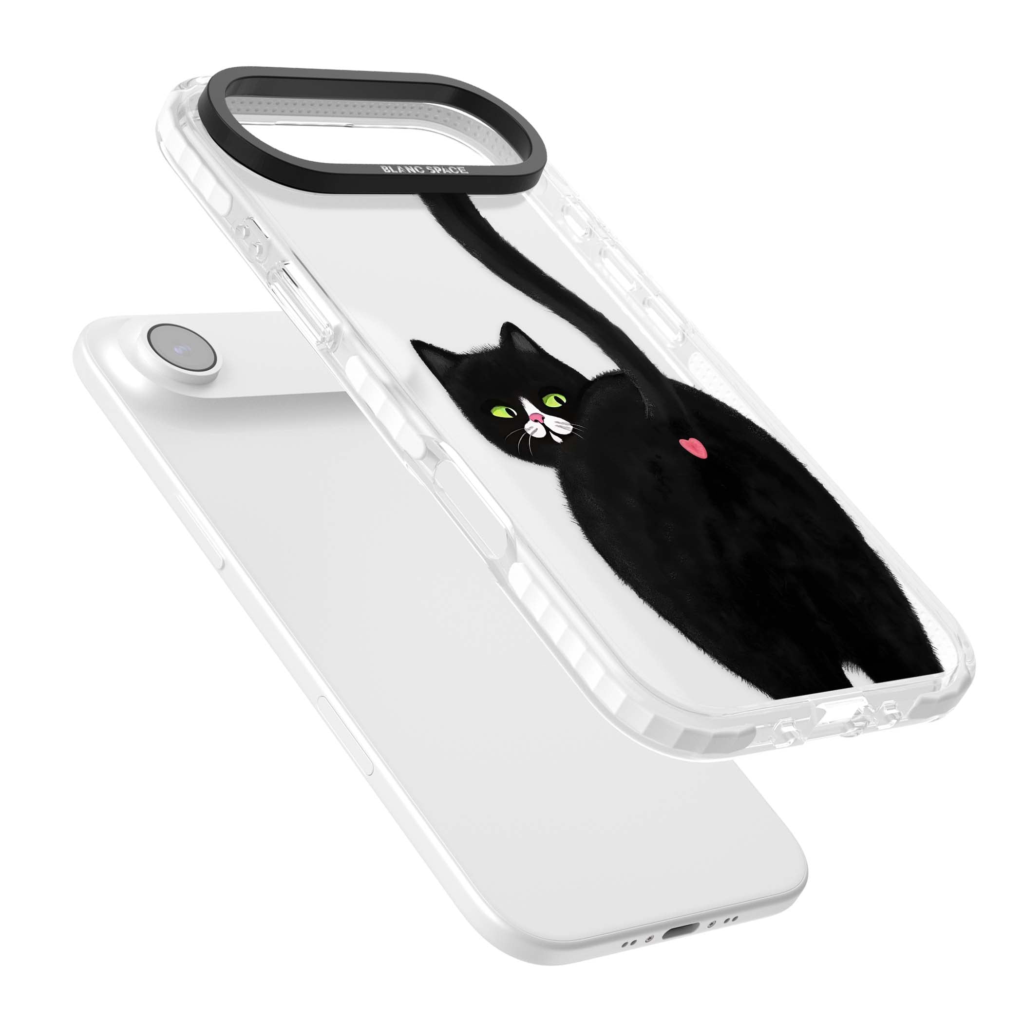 The Cat's Kiss cute cat iPhone case featuring a hand-painted tuxedo kitty with green eyes and a pink heart on a clear  | Black Impact case for iPhone Air