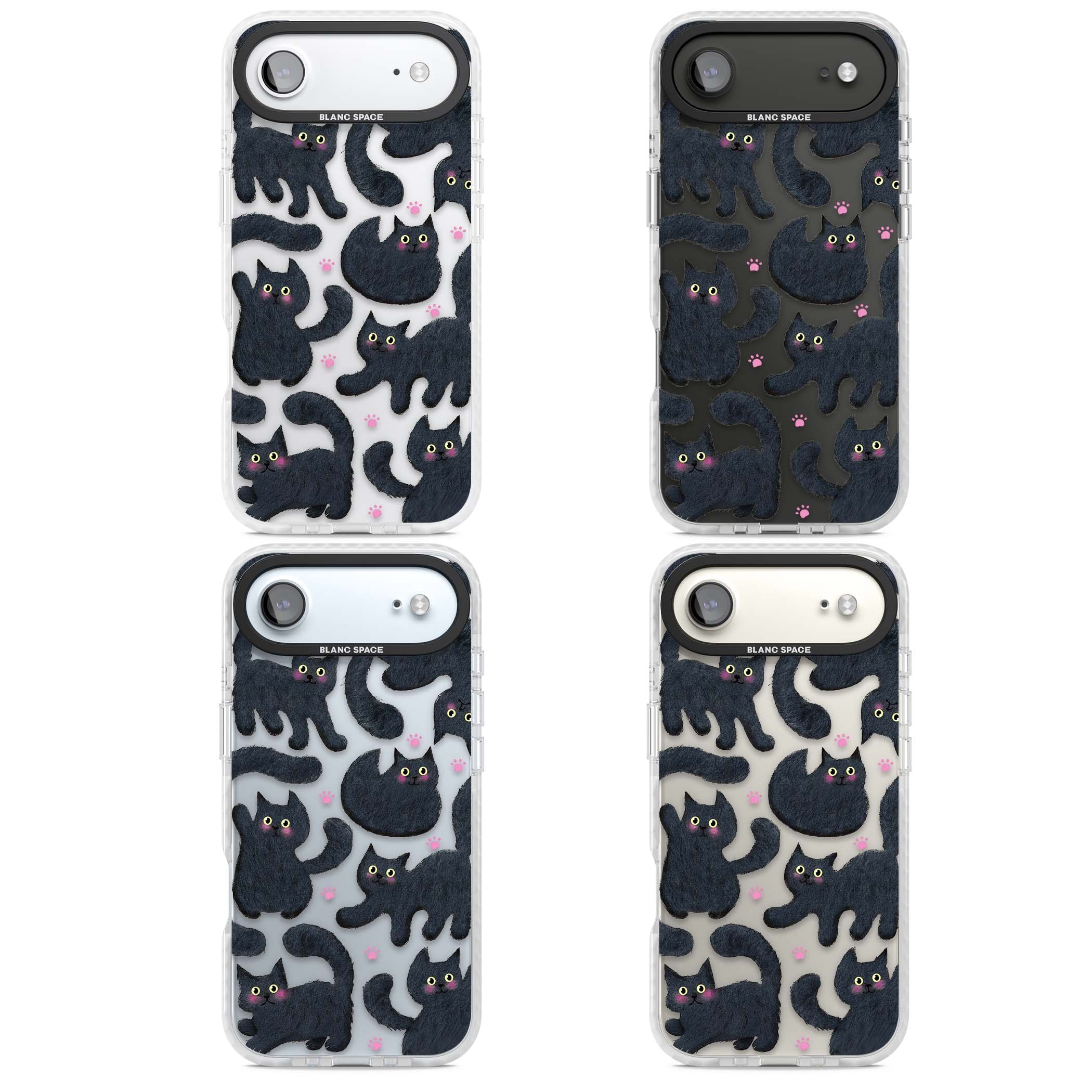 Midnight Cats cute iPhone case featuring black cat pattern with yellow eyes and pink paw prints | Black Impact case for iPhone Air