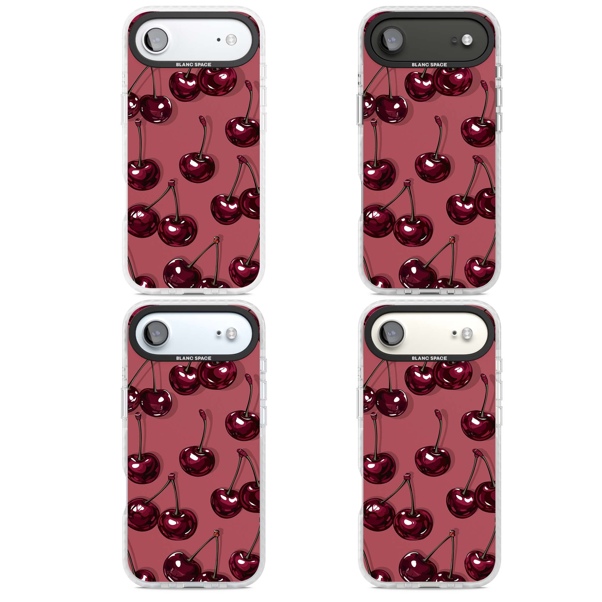 Cherry Rebel coquette iPhone case featuring glossy burgundy cherries on a dusty rose background | Black Impact case for iPhone Air