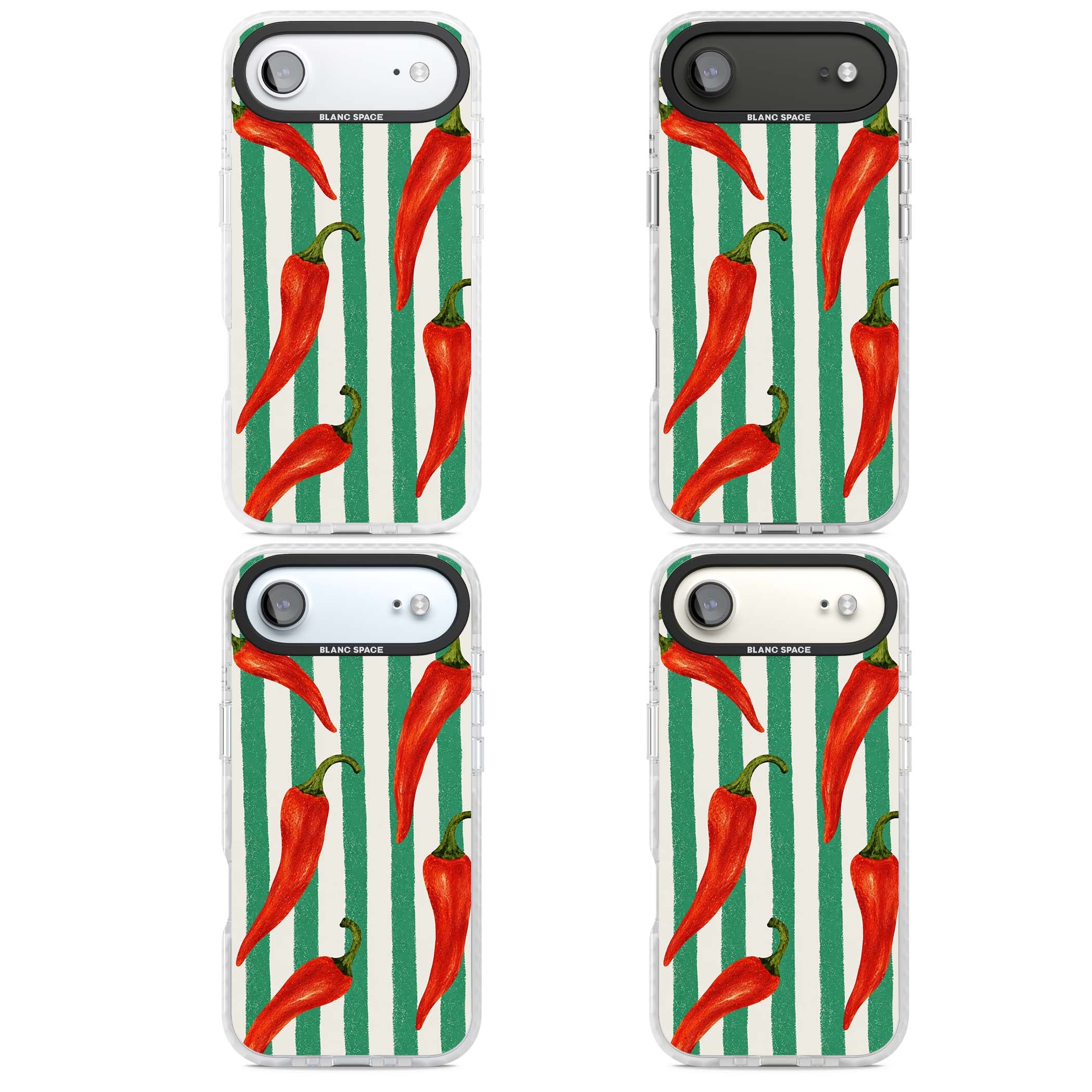 Striped Chillis coastal iPhone case featuring hand-painted red chili peppers on green and cream stripes | Black Impact case for iPhone Air