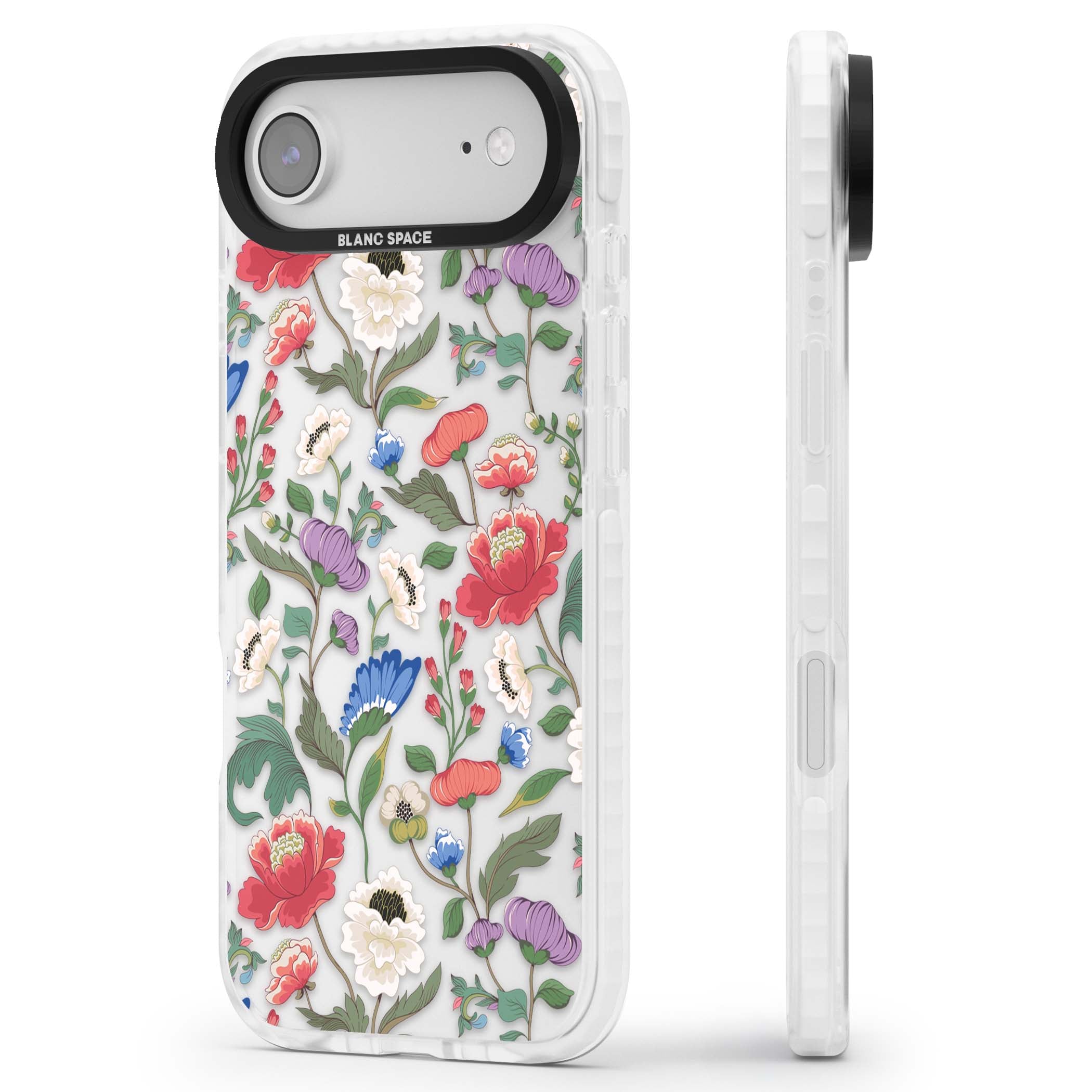 Chinoiserie Bloom vintage floral iPhone case featuring hand-painted peonies, poppies and trailing wildflowers on clear... | Black Impact case for iPhone Air