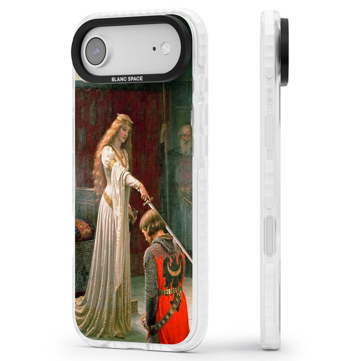 The Accolade renaissance art iPhone case featuring Edmund Blair Leighton's painting of a queen knighting a kneeling knight | Black Impact case for iPhone Air
