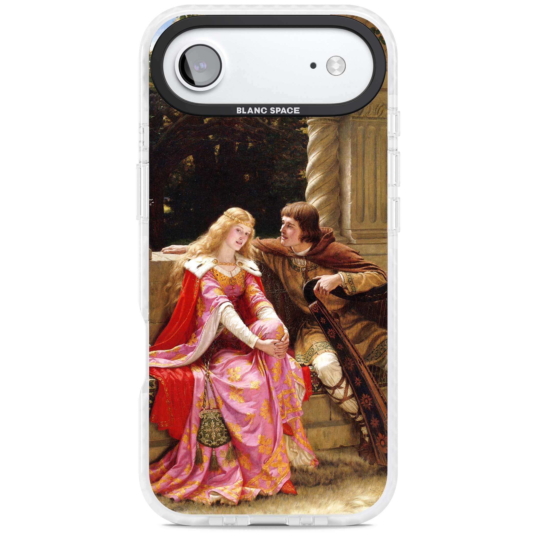 The End of the Song classic art iPhone case featuring a medieval lady in pink gown and her knight in a stone archway | Black Impact case for iPhone Air