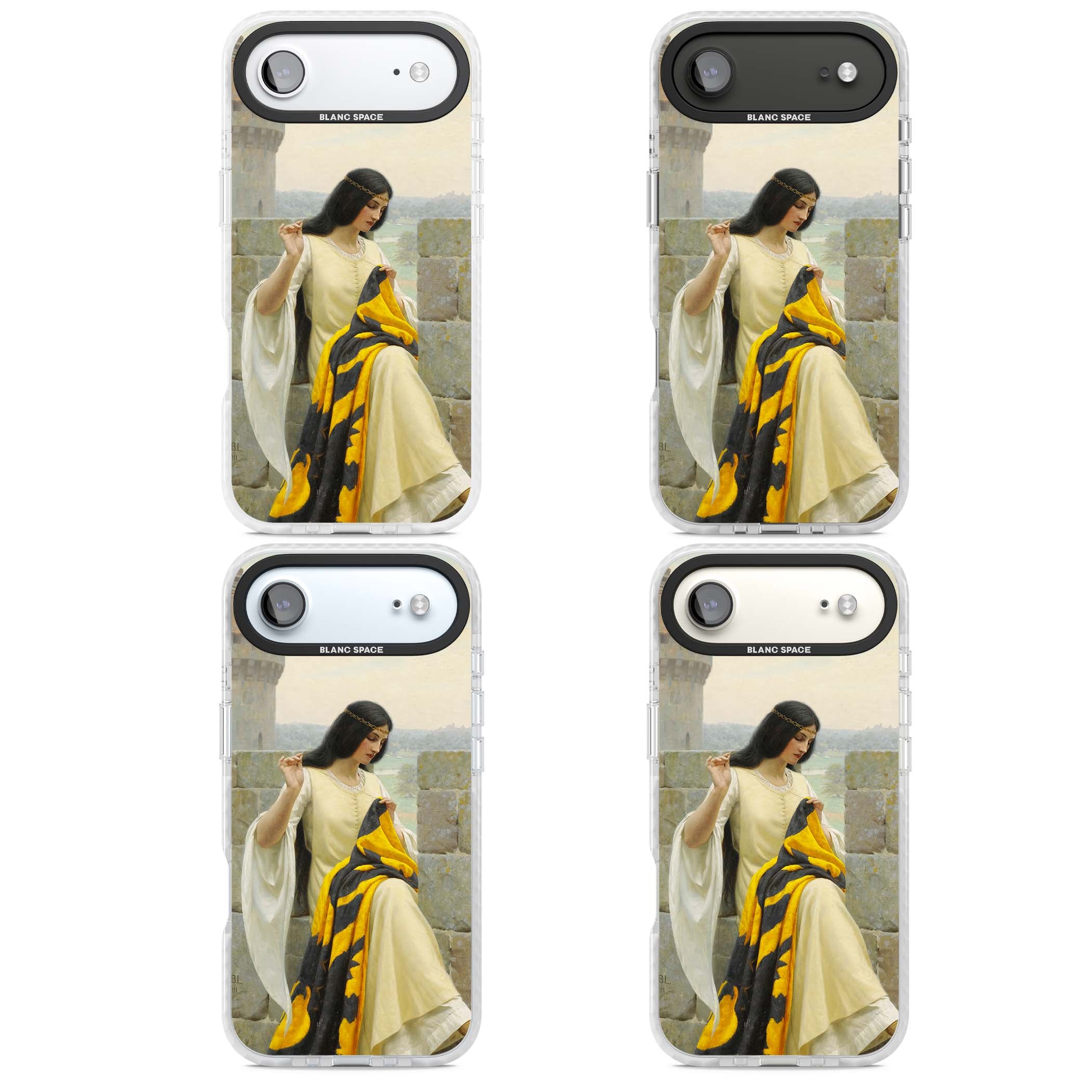 Stitching the Standard renaissance art iPhone case featuring a medieval lady sewing a golden banner on a castle wall | Black Impact case for iPhone Air