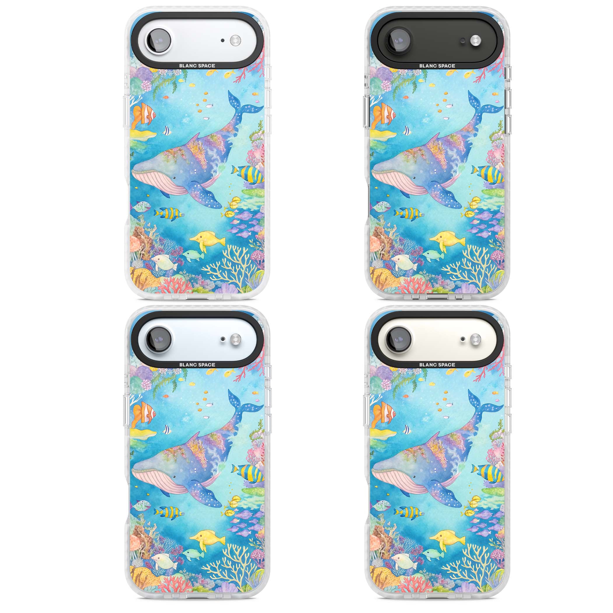 Coral Lagoon ocean iPhone case featuring a watercolour whale, coral reef and tropical fish | Black Impact case for iPhone Air
