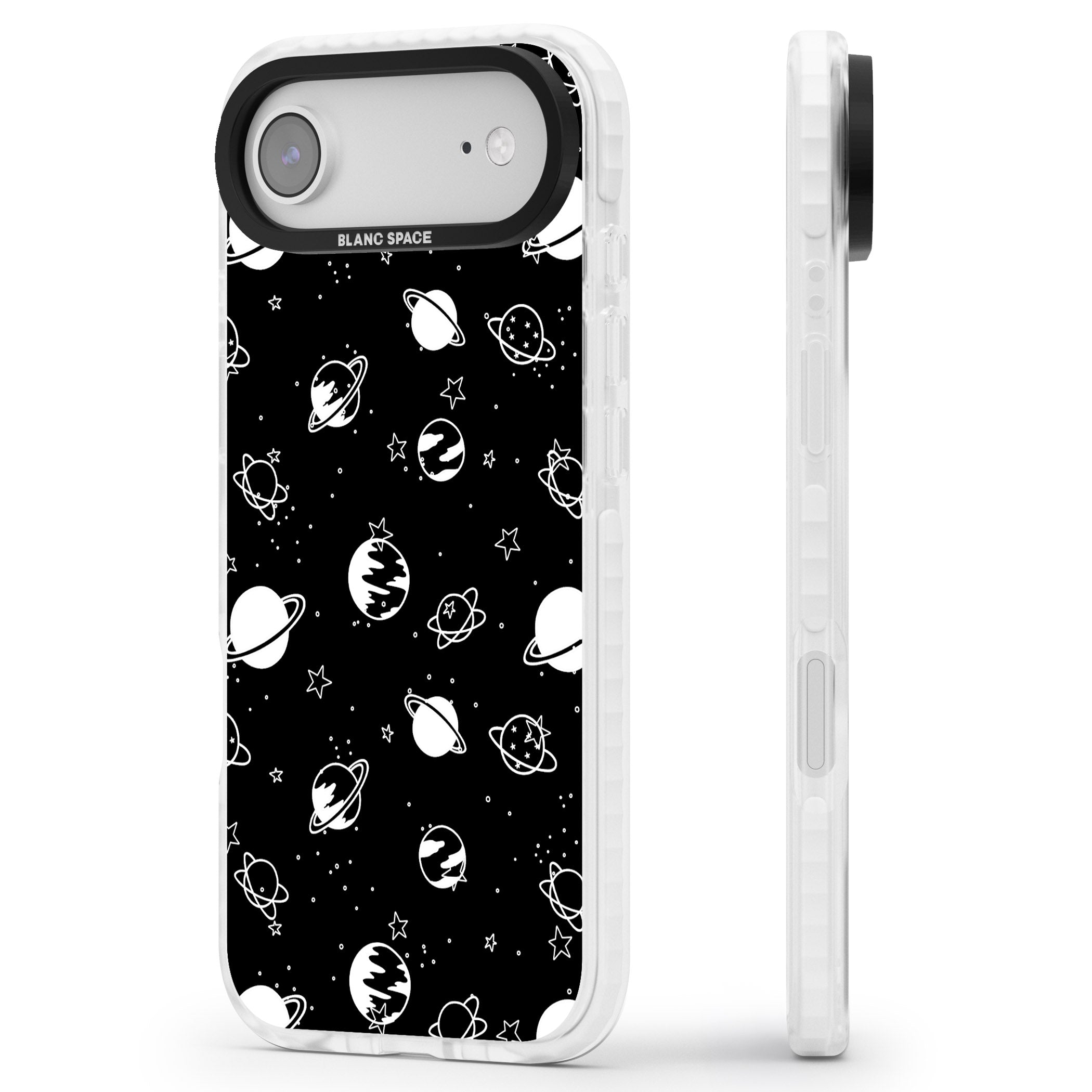 White Planets On Black iPhone 17 Air Impact Clear Phone Case Side Profile