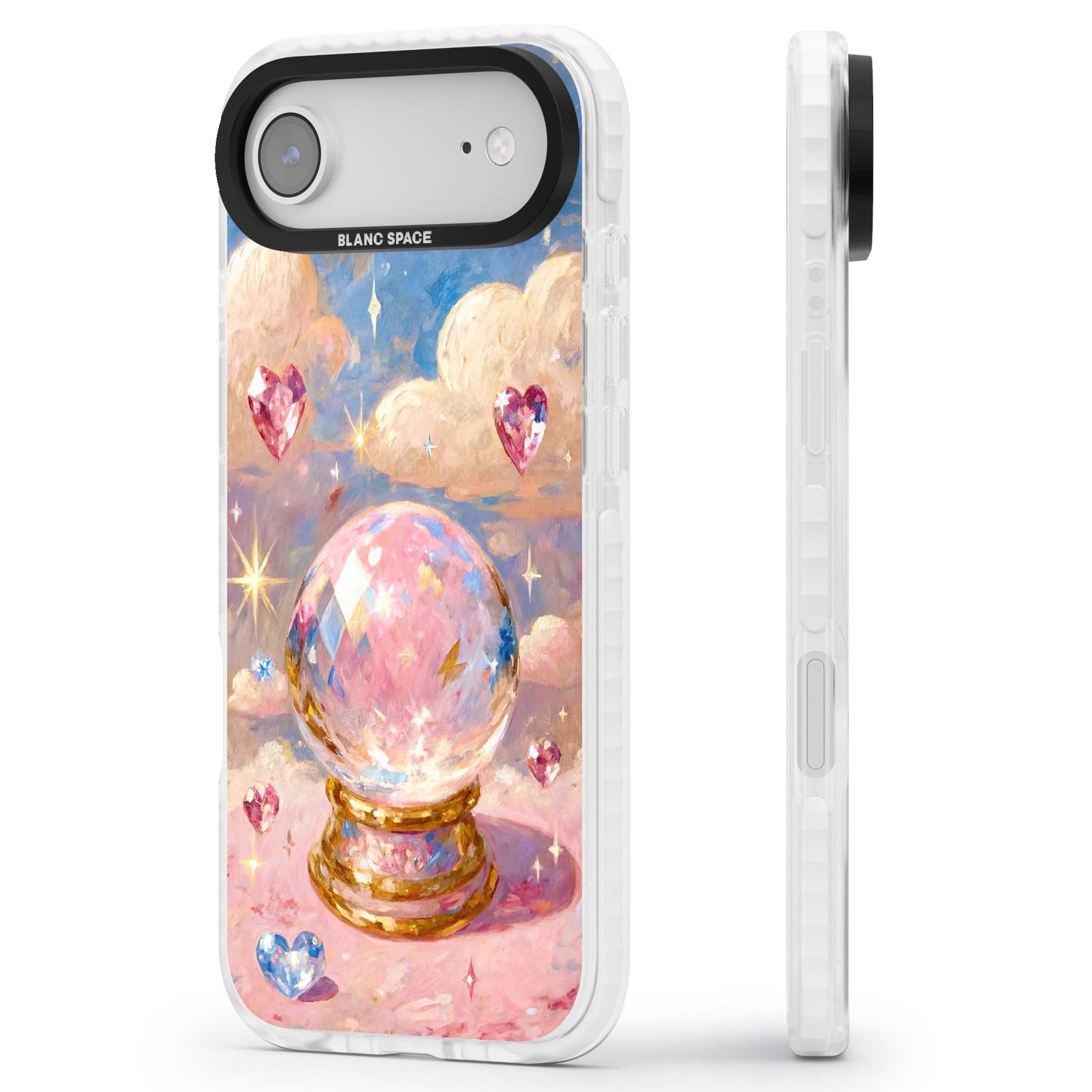 Crystal Ball fairycore iPhone case featuring a painted crystal ball, heart gemstones, and pastel clouds | Black Impact case for iPhone Air