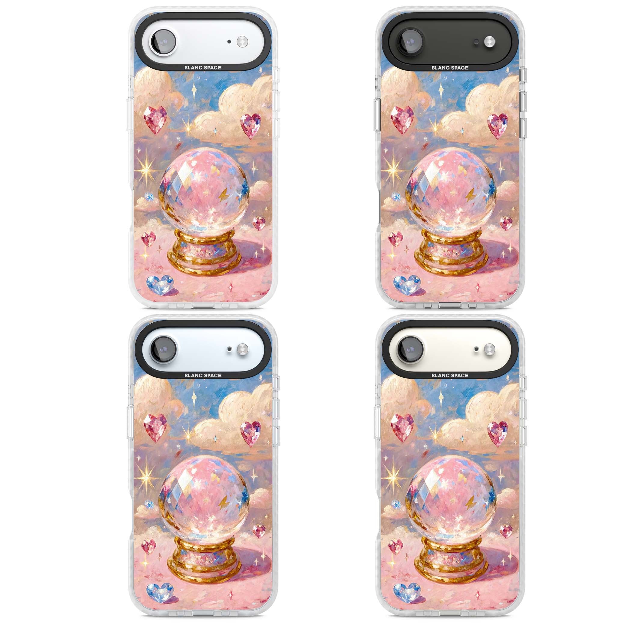 Crystal Ball fairycore iPhone case featuring a painted crystal ball, heart gemstones, and pastel clouds | Black Impact case for iPhone Air