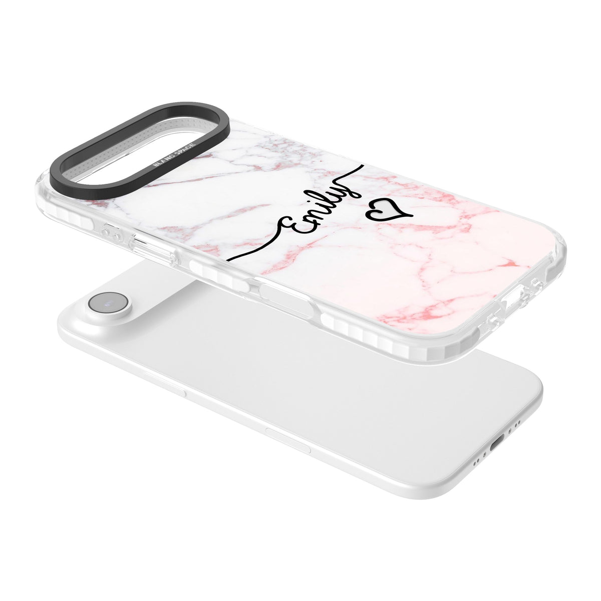 Personalised Pink Fade Marble Heart iPhone Air Impact Clear Phone Case angled