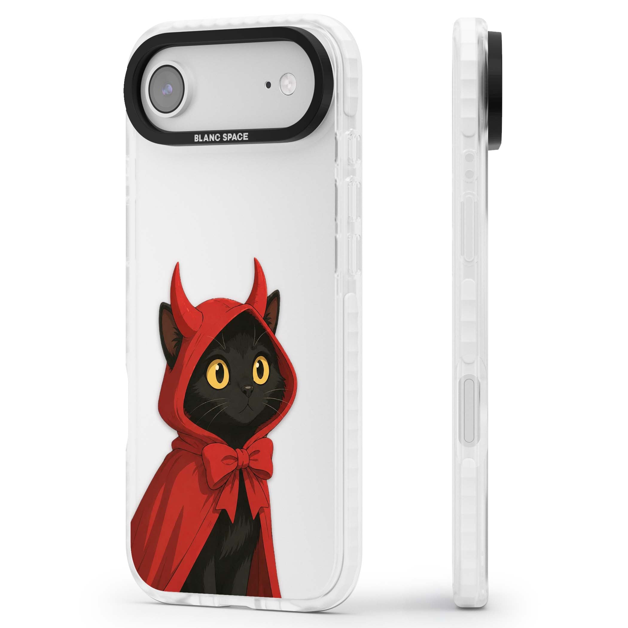 Little Devil halloween iPhone case featuring a black cat in a red hooded devil cloak with horns and golden eyes | Black Impact case for iPhone Air