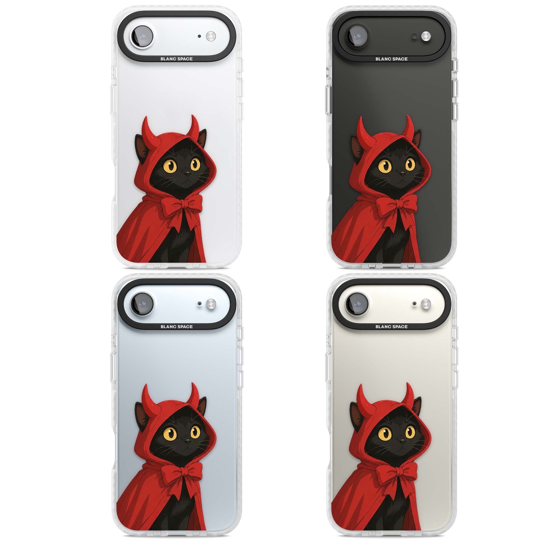 Little Devil halloween iPhone case featuring a black cat in a red hooded devil cloak with horns and golden eyes | Black Impact case for iPhone Air