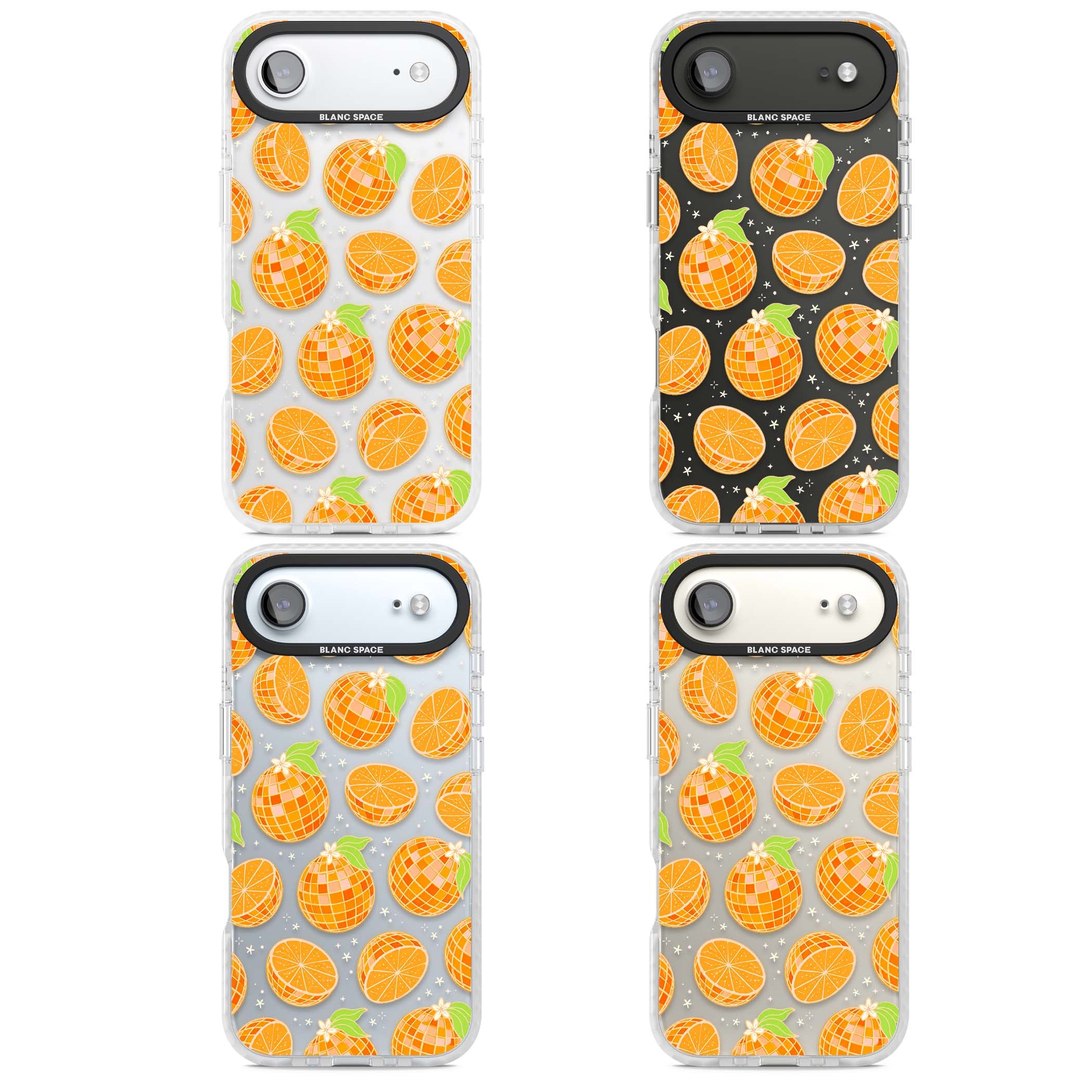 Disco Oranges retro iPhone case featuring mirrorball oranges, citrus slices and tiny blossoms on clear | Black Impact case for iPhone Air