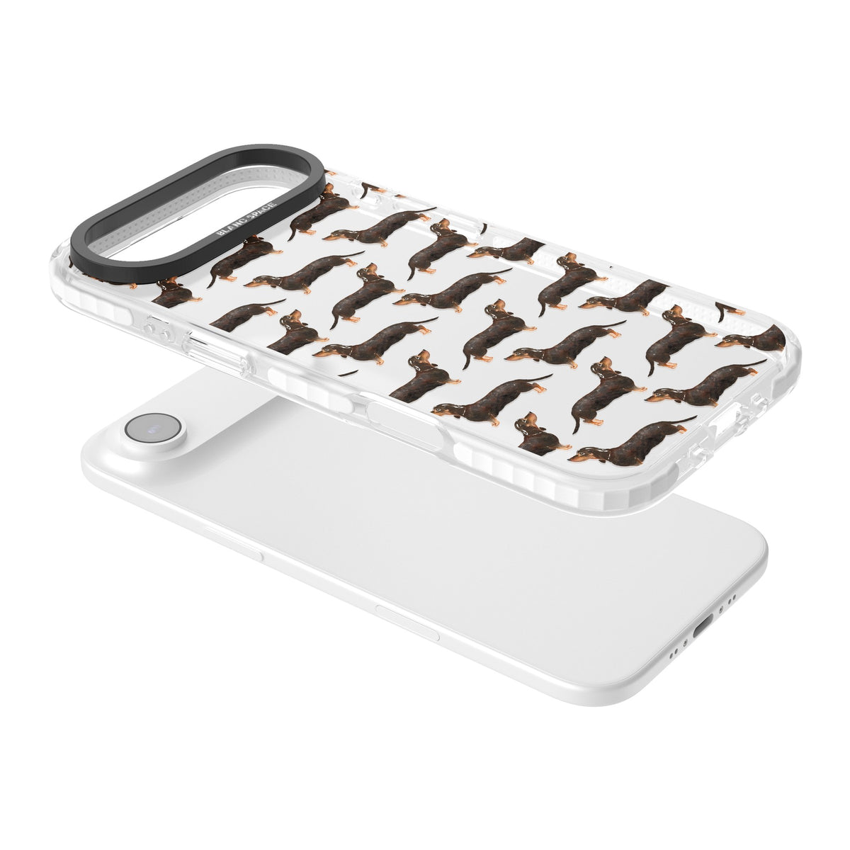 Dachshund Pattern Black Tan iPhone Air Impact Clear Phone Case angled