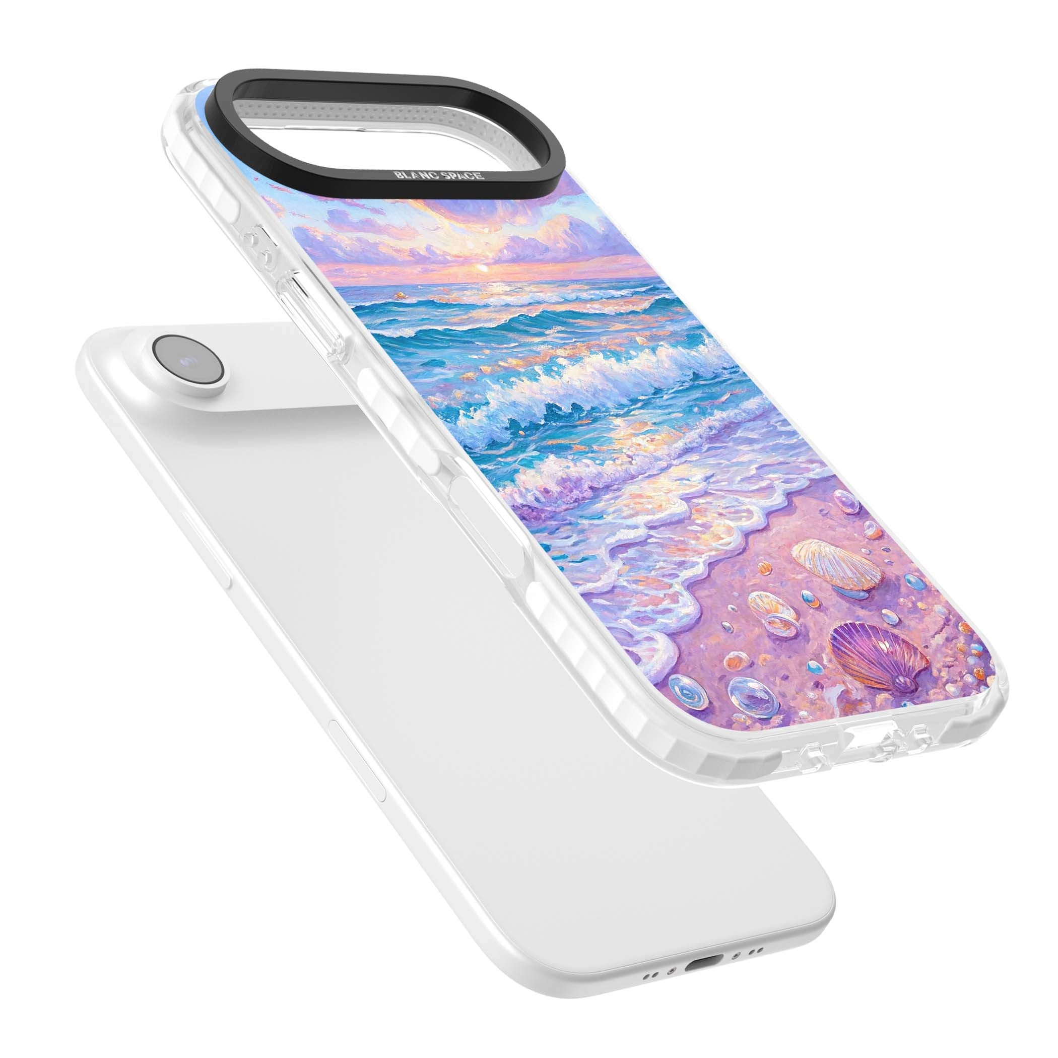 Pearl Shore coastal iPhone case featuring pastel painted waves, seashells, and a sunrise sky over a lavender beach. | Black Impact case for iPhone Air