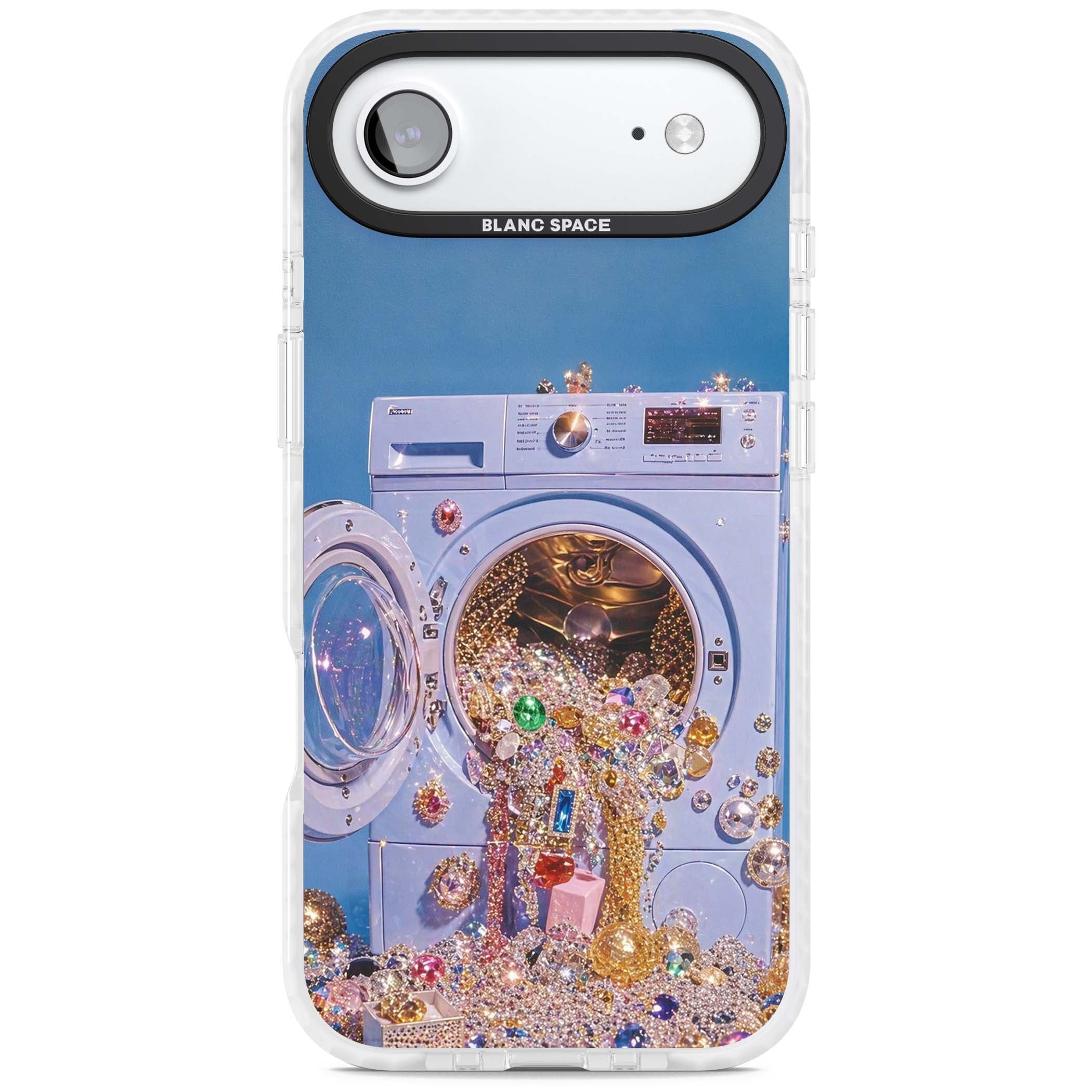 Gem Laundry baddie iPhone case featuring a surreal washing machine overflowing with colourful gemstones and crystals | Black Impact case for iPhone Air