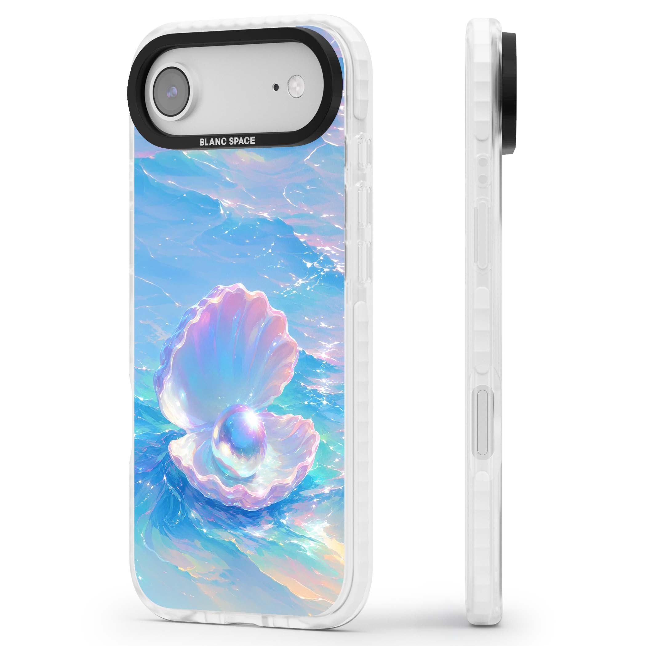 The Pearl Clam mermaidcore iPhone case featuring iridescent seashell, glowing pearl and pastel ocean waves | Black Impact case for iPhone Air
