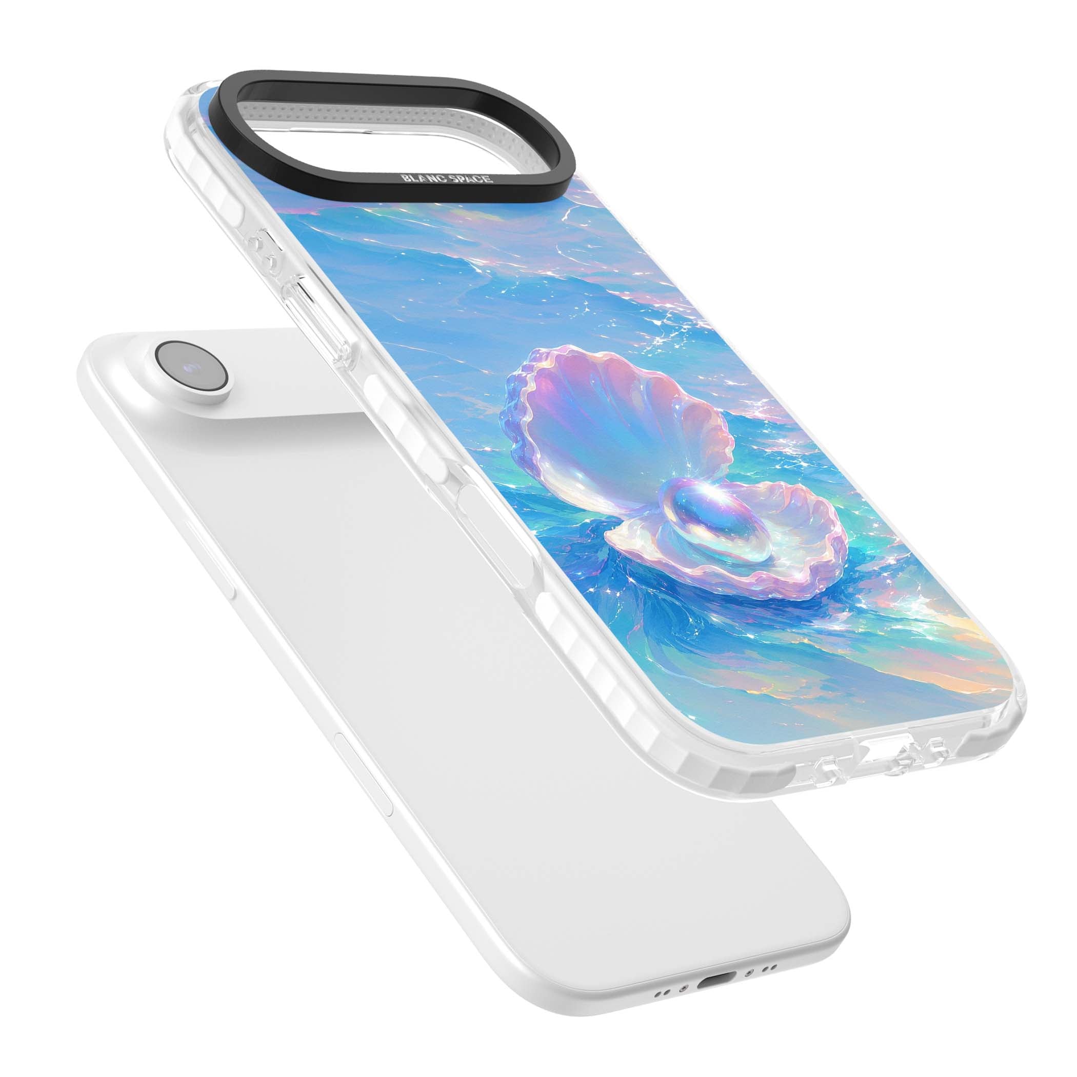 The Pearl Clam mermaidcore iPhone case featuring iridescent seashell, glowing pearl and pastel ocean waves | Black Impact case for iPhone Air