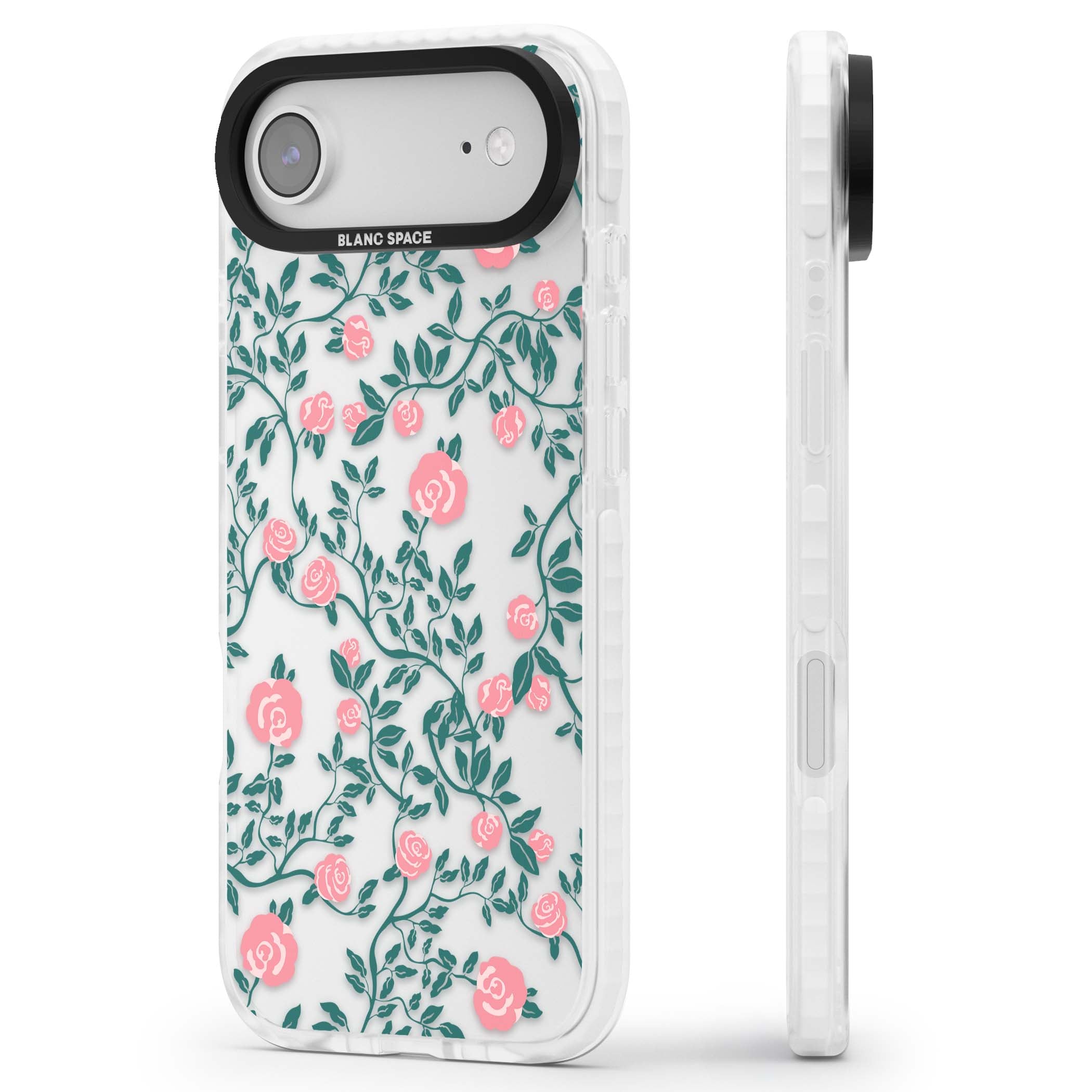 Rose Trellis (Clear) cottagecore iPhone case featuring pink climbing roses and green leaves on clear background | Black Impact case for iPhone Air