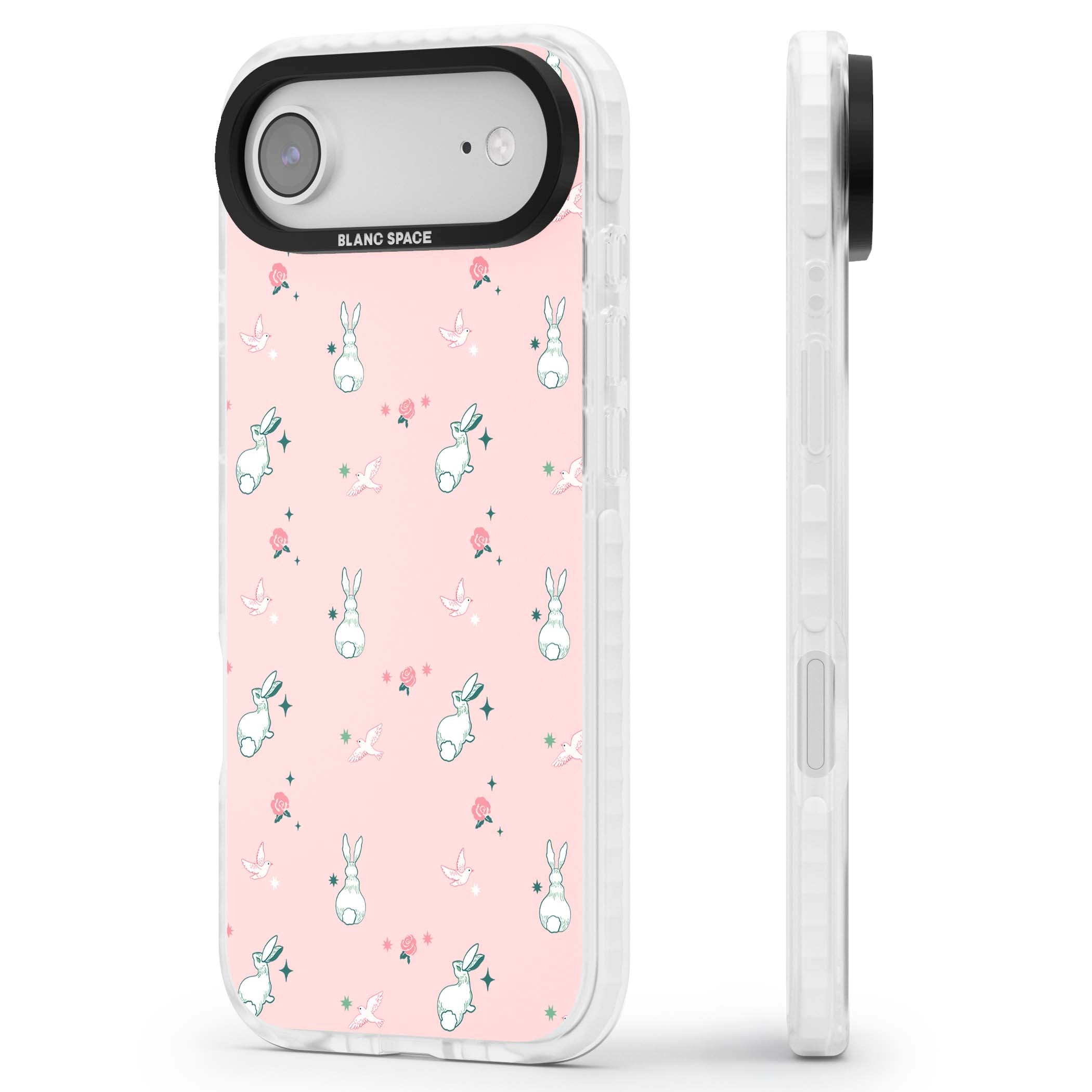 Bunny Garden kawaii iPhone case featuring white rabbits, pink roses, doves and stars on pink background | Black Impact case for iPhone Air