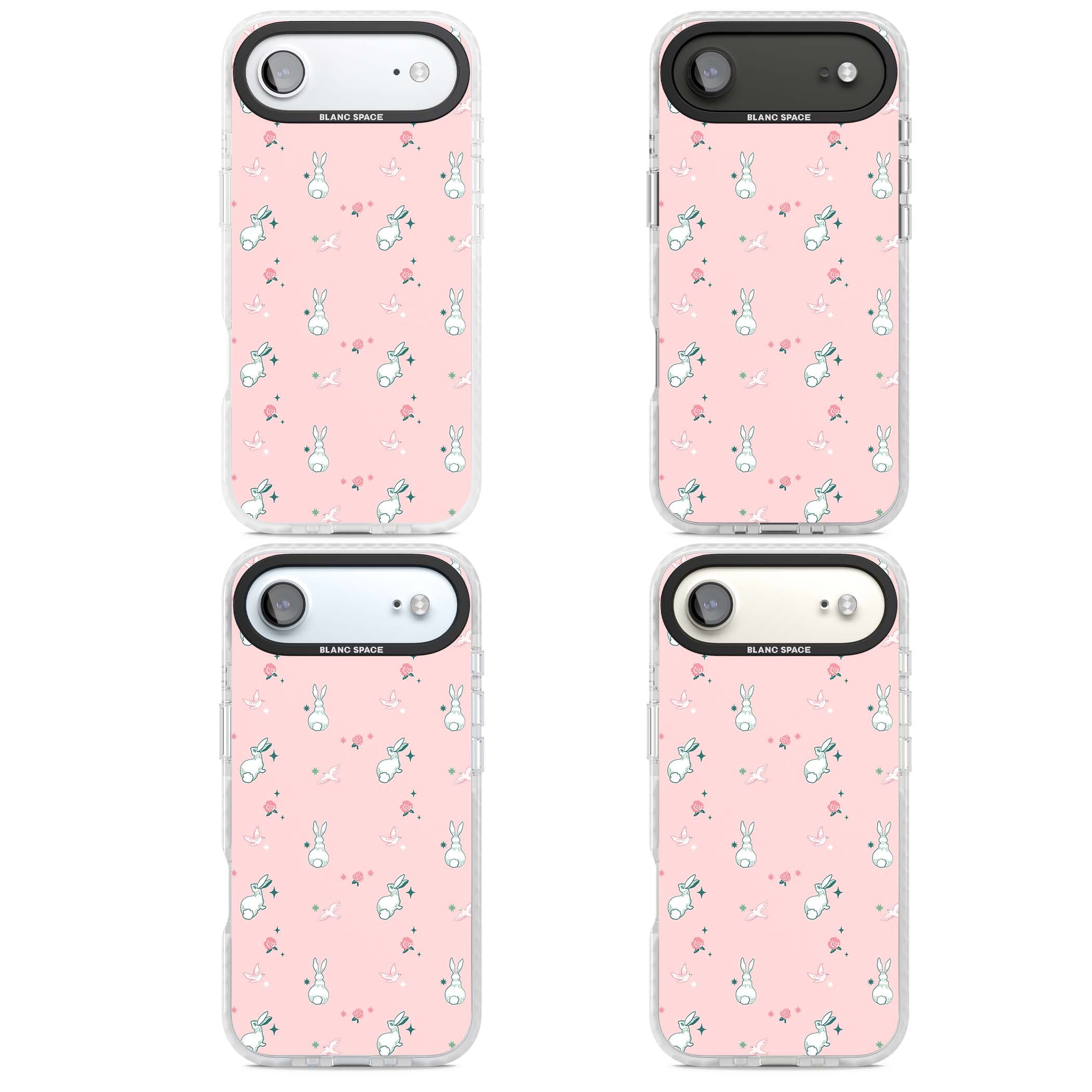 Bunny Garden kawaii iPhone case featuring white rabbits, pink roses, doves and stars on pink background | Black Impact case for iPhone Air