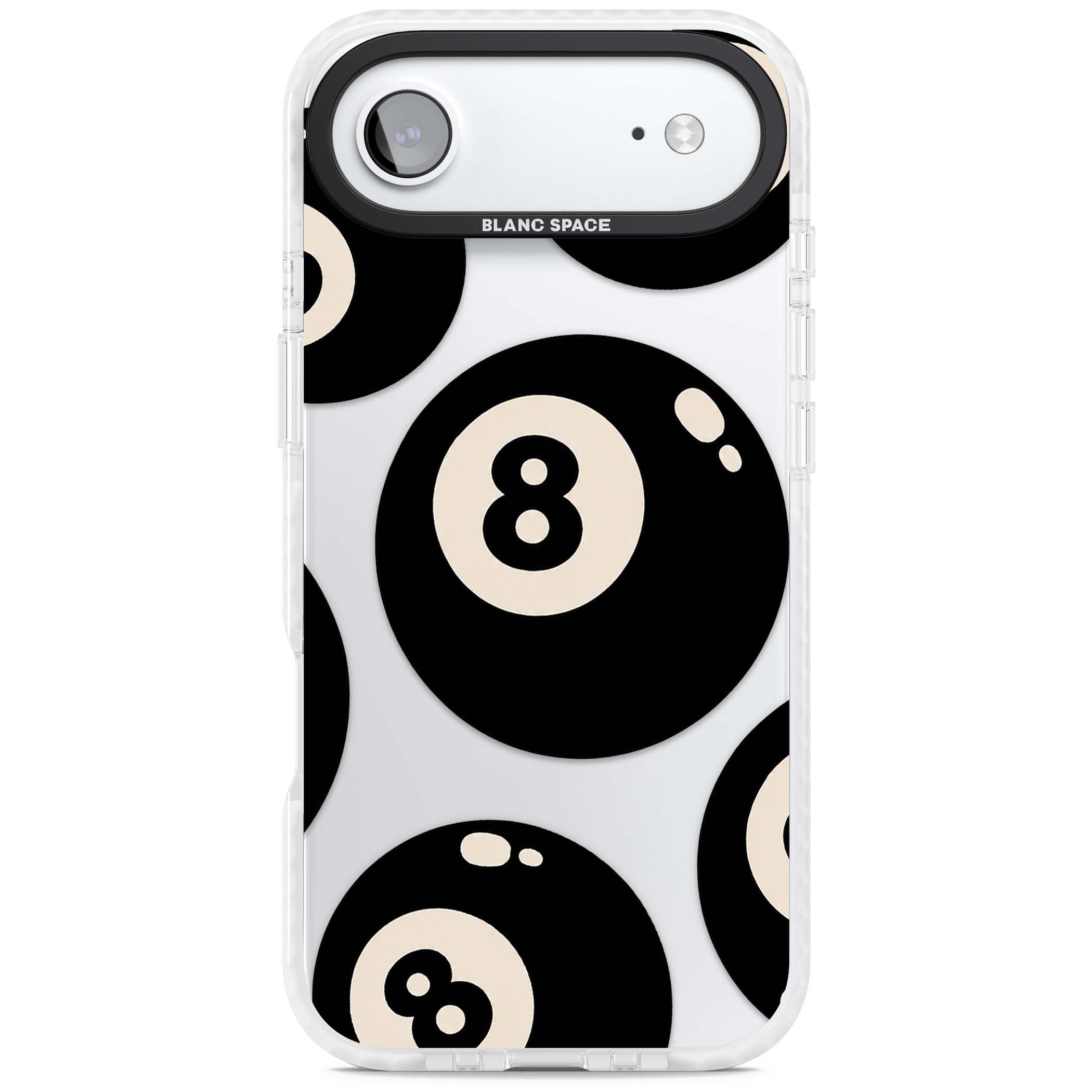 Eights y2k iPhone case featuring scattered black 8 balls with cream highlights on a clear background | Black Impact case for iPhone Air