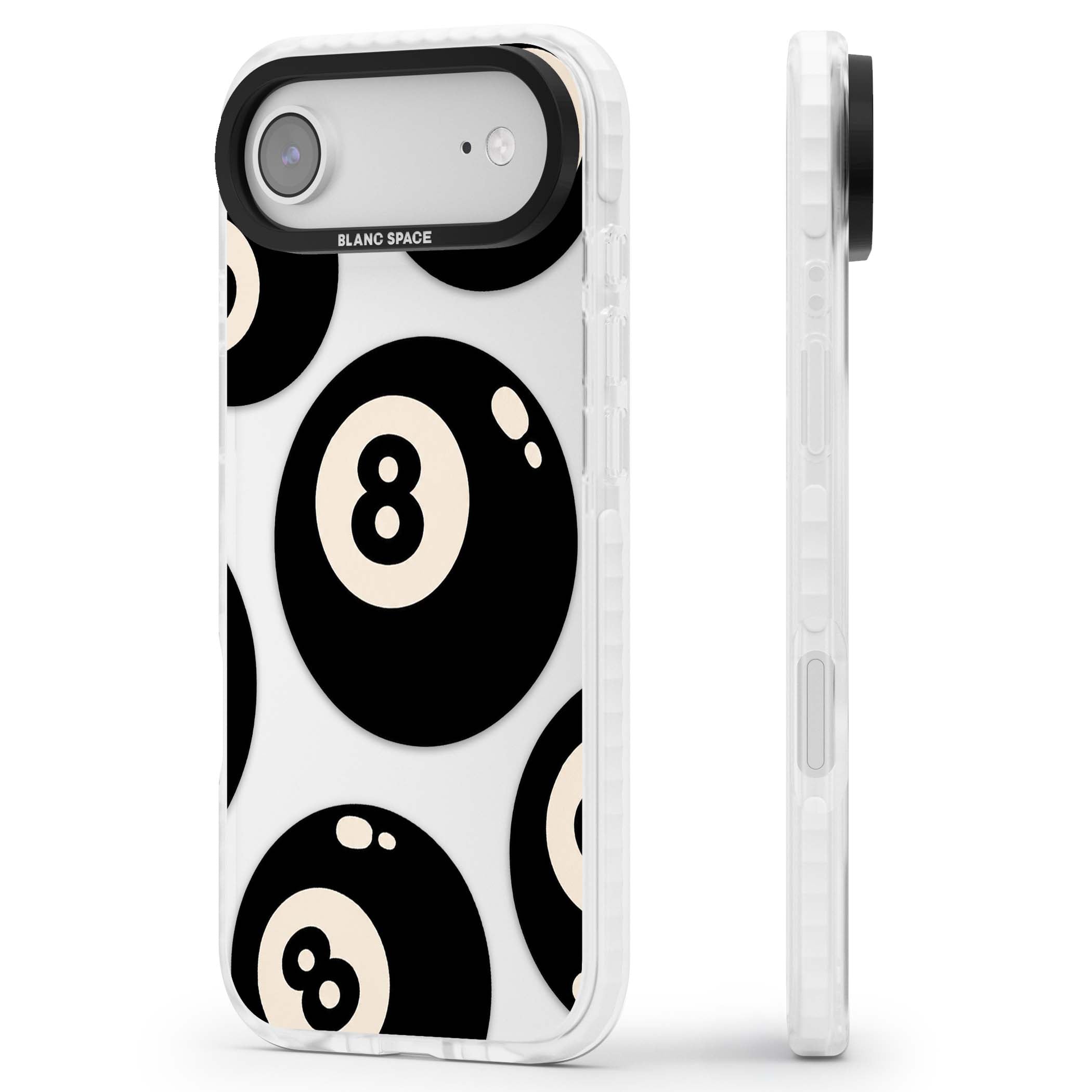 Eights y2k iPhone case featuring scattered black 8 balls with cream highlights on a clear background | Black Impact case for iPhone Air