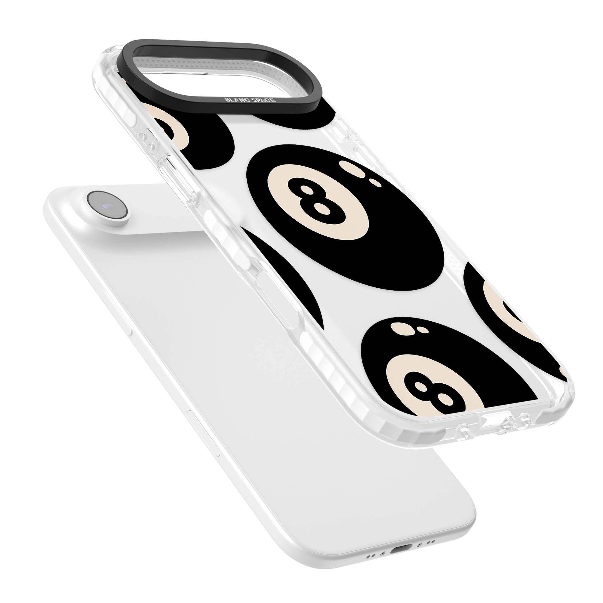Eights y2k iPhone case featuring scattered black 8 balls with cream highlights on a clear background | Black Impact case for iPhone Air