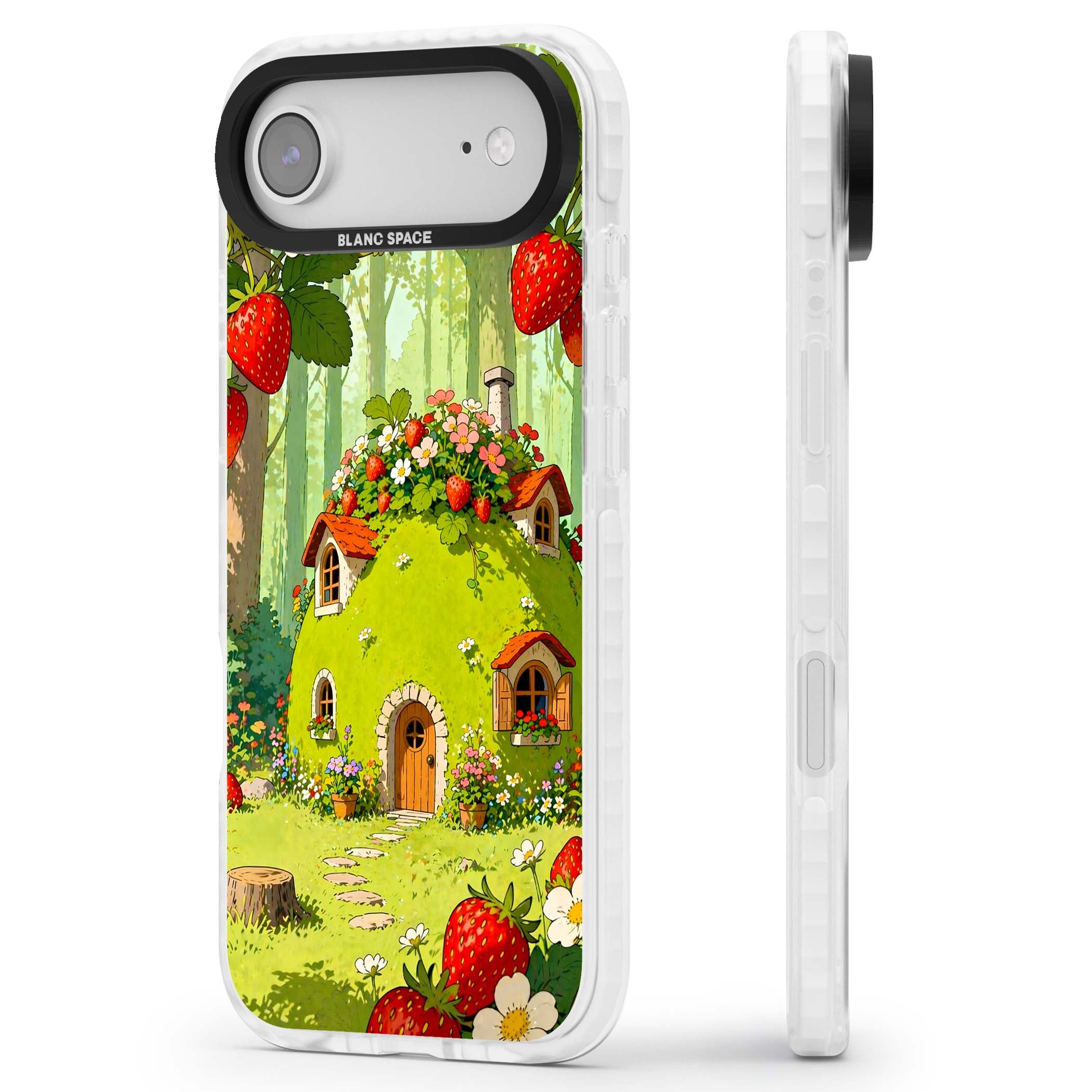 Strawberry Cottage cottagecore iPhone case featuring a green fairy house, wild strawberries and enchanted forest flowers | Black Impact case for iPhone Air